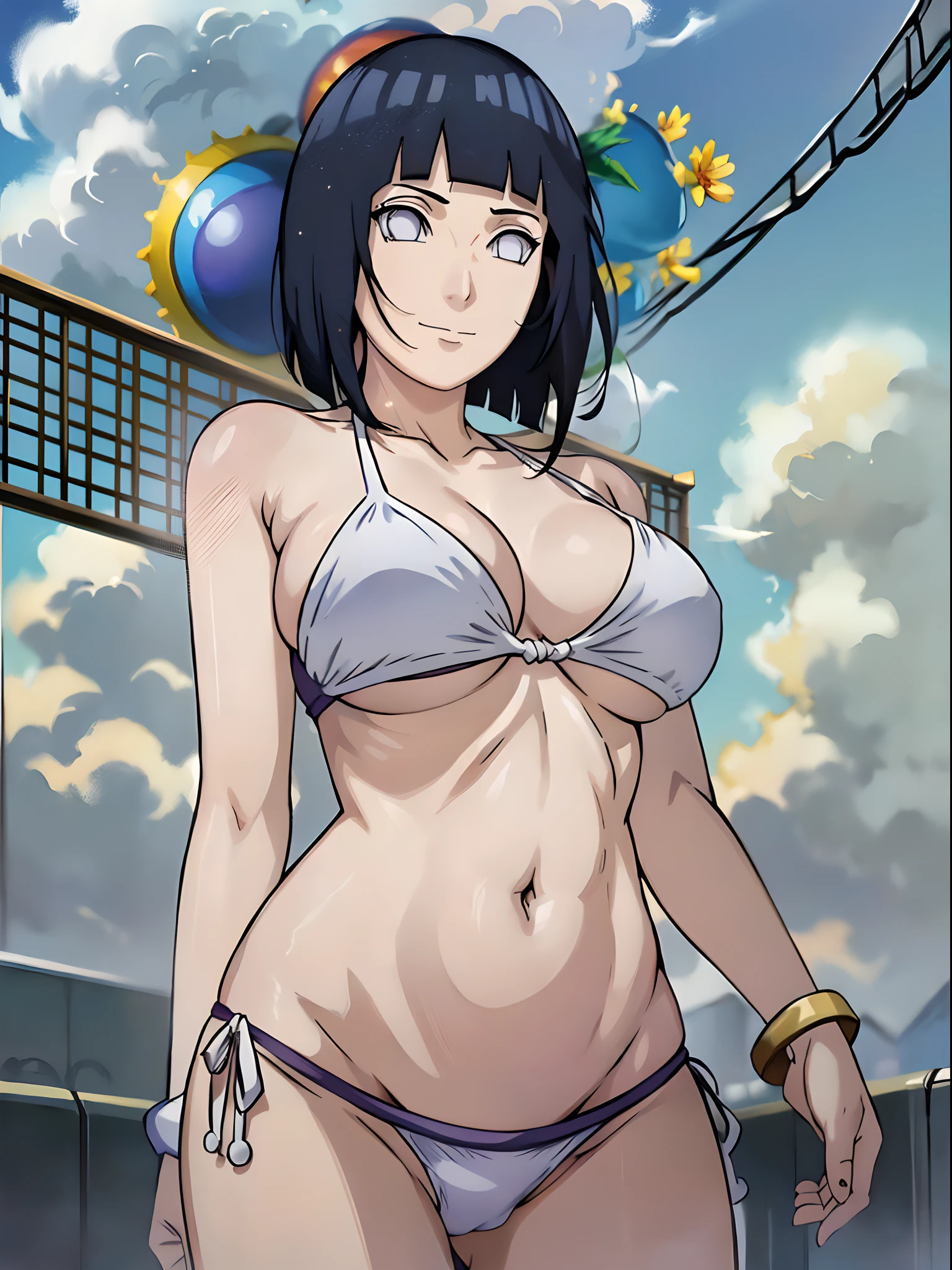 wind effect, crossed arms, cloud background, anime style, cute , beautiful mother, nice body, soft body, long belly, (hinata\(boruto\), (female wrestler), (slender body), mature woman , broad shoulders, off-shoulders, (shiny bikini, white bikini only, pro wrestling outfit, bangles), smile, closed mouth, pale skin, cute, smile, (dark blue hair color:1.1), wavy hair, floating hair, ((short hair, hime cut, loose hair), big breasts, (only one arm stretching), long belly, (closed fists), , (perfect eyes, white sciera, bright eyes, white eyes, anime eyes)