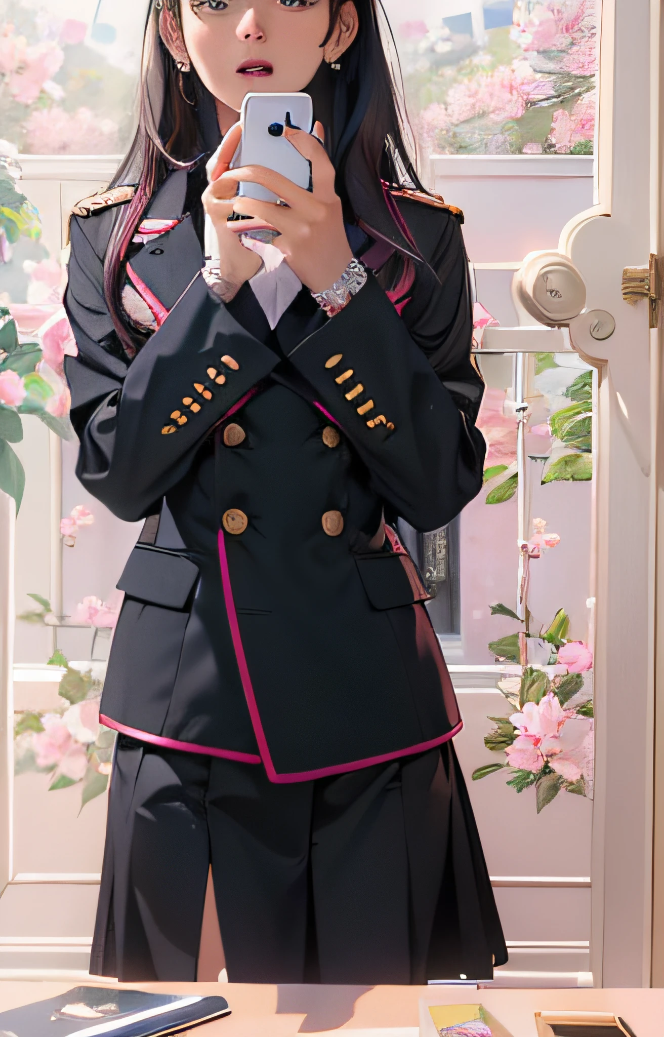 (a girl)(in a pink wall)(taking a selfie)(wearing a black aristocratic suit)(JK uniform)(loose jacket collar)(sailor uniform)(suit girl)(wearing a jacket and skirt)(wearing military uniform)(girl in suit)(complete uniform)(wearing a black uniform)(black coat)(black jacket)(wearing a black military uniform)(black long jacket)
(best quality,4k,8k,highres,masterpiece:1.2),ultra-detailed,(realistic,photorealistic,photo-realistic:1.37),HDR,UHD,studio lighting,ultra-fine painting,sharp focus,physically-based rendering,extreme detail description,professional,vivid colors,bokeh.
(photography)