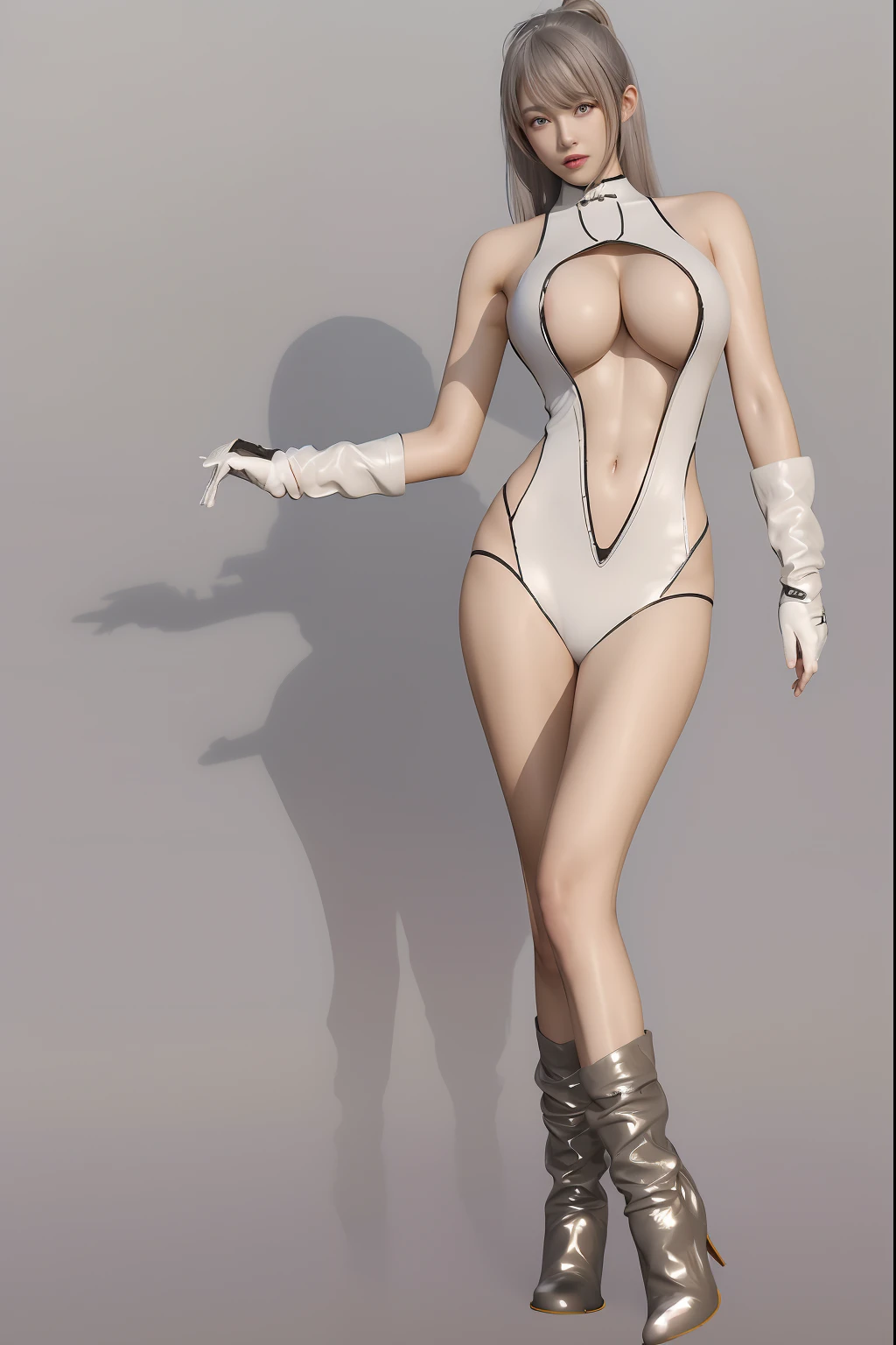 1 busty girl, trpical garden,(Solo), Plain white sleeveless bodysuit set, Boots, Lace long gloves. Navel dress