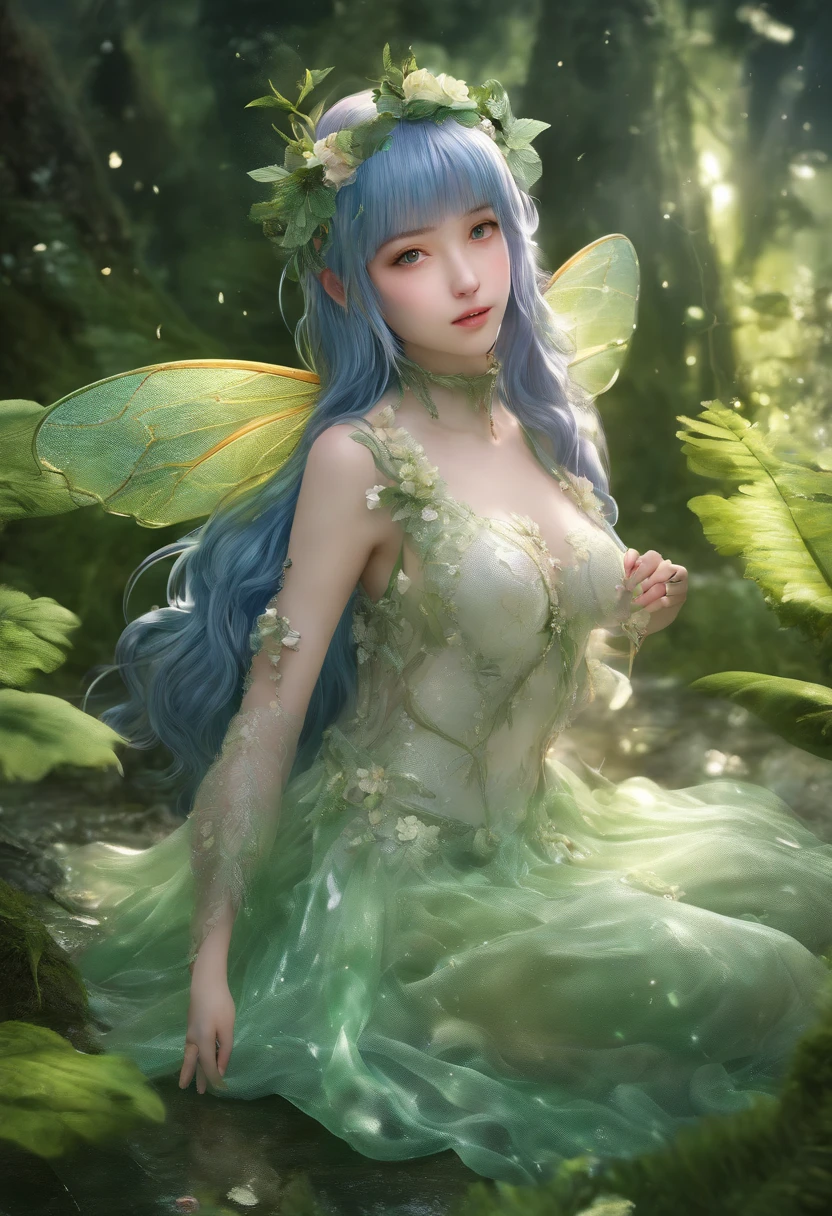 (Masterpiece, Best quality, Ultra-detailed, Best Illustration:1.3), 1 Little Fairy, The wings of the little fairy，(Slime girl:1.4),(See-through:1.4）afloat,Green wind ，Silk fabric，(refractions,Reflection:1.2) ,  Transparent skin, sunshine day，ln the forest
