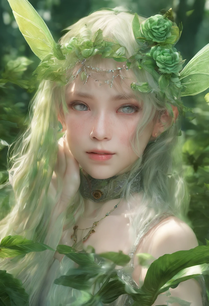(Masterpiece, Best quality, Ultra-detailed, Best Illustration:1.3), 1 Fairy, The wings of the little fairy,(Slime girl:1.4),(See-through:1.4)afloat,Green wind ,Silk fabric,(refractions,Reflection:1.2) , Transparent skin, sunshine day,ln the forest
