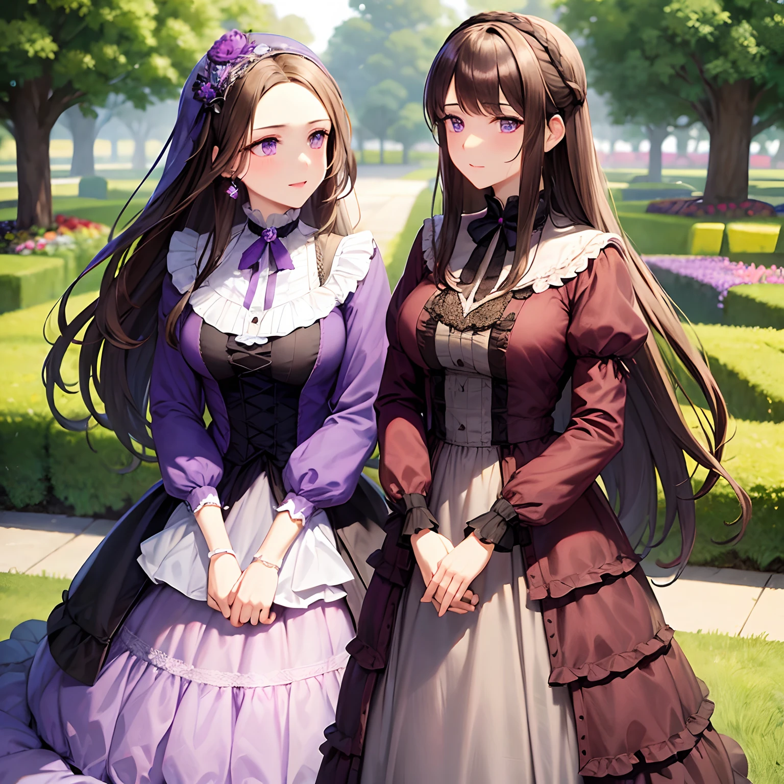 brown haired woman, violet eyes, Violet dress, victorian dress, royalty, Nobility,I'm leaking pee