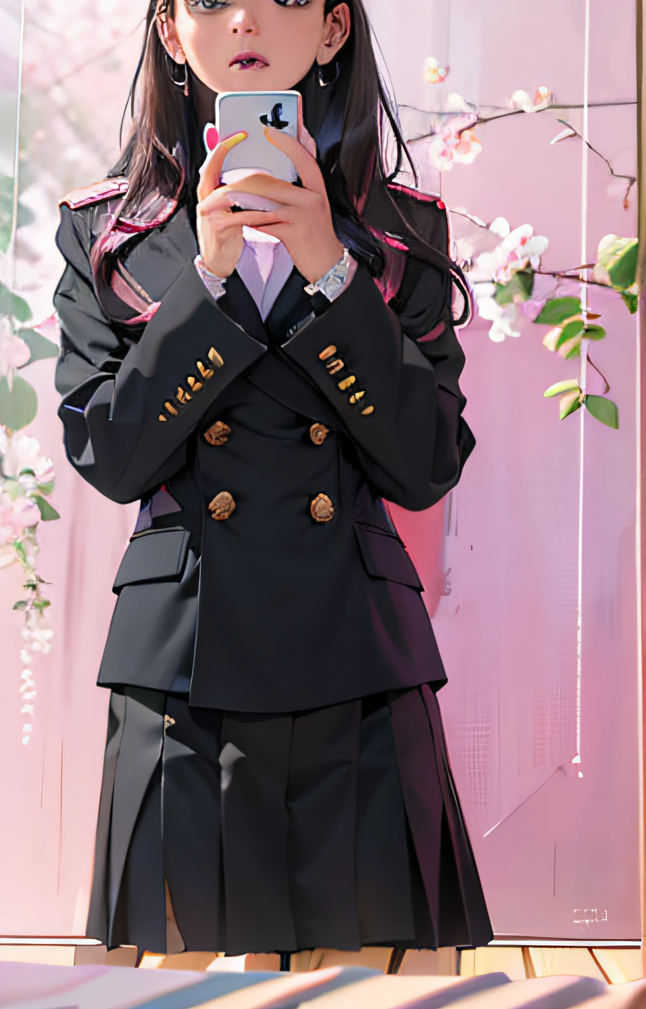 (a girl)(in a pink wall)(taking a selfie)(wearing a black aristocratic suit)(JK uniform)(loose jacket collar)(sailor uniform)(suit girl)(wearing a jacket and skirt)(wearing military uniform)(girl in suit)(complete uniform)(wearing a black uniform)(black coat)(black jacket)(wearing a black military uniform)(black long jacket)
(best quality,4k,8k,highres,masterpiece:1.2),ultra-detailed,(realistic,photorealistic,photo-realistic:1.37),HDR,UHD,studio lighting,ultra-fine painting,sharp focus,physically-based rendering,extreme detail description,professional,vivid colors,bokeh.
(photography)