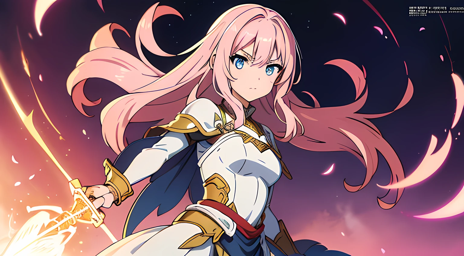 (1 girl), (beautiful eyes finely detailed, light pink hair color, long hair), knight battle suit, full body illustration, evil facial expression, holding a sword, she hold sword with flames coming out from her sword, The background is a magical circle in mahoutsukai no yome style, ​many magical particle in front of her, masterpiece, top-quality, detailed, High resolution illustration