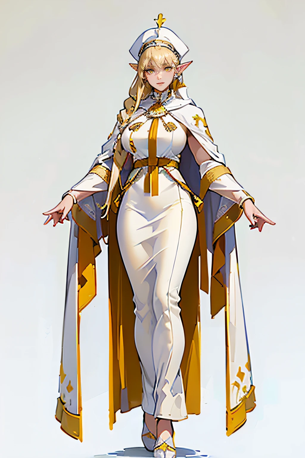((masterpiece,best quality,8k,highres,bokeh)),((character concept art)), 1 female, ((middle-age woman)), adult, female pope, 210cm tall, extraordinary charming, unbelievably gorgeous, great smile, face makeup, eyes makeup, (((pointed ears))), gold earpiece, shapely big breasts, hourglass body shape, (((muscular))), finely detailed eyes, (((yellow eyes colour))), intricate details, long hair, ponytail, asymmetrical bangs(((blonde hair colour))), super finely detailed hands, ultra finely detailed fingers(((ten fingers))), (((white pope outfit))), (((royal white cloak))), (((high mitra hat))), standing still, (((full body showcase))), (show full body), ((no logos on background)), (((simple background)), ((plain background)), ((empty background))
