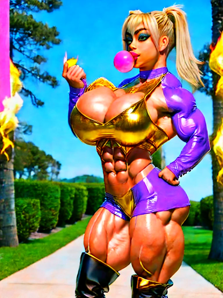 cherrmous style, sdol, pooltoy, 1970's, (charli xcx wearing mauve and gold Inflatable Latex Bodysuit with decorative gold and cerise flame designs on legs), (Large puffy blue leather jacket), laced boots, nature forest background, gold and cerise with black flame design, (cerise hair with ginger highlights), freckled skin, (four hair pigtails), huge breasts!!!!, (((BODYBUILDER))), (extra long and massive thick luxurious hair), blue skies morning, puffy lips, smirking and confident, thick hoop earrings, (blowing bubble gum from puffy lips, massive)