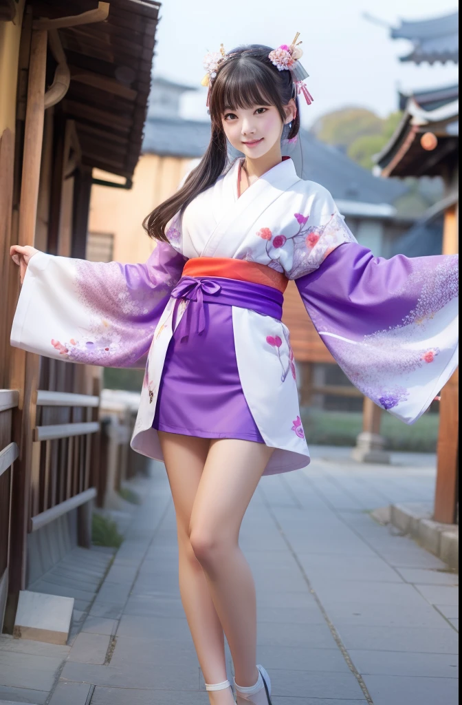 Young woman covered in cranes(Cute kimono)、Looks fun、full body Esbian、Beckoning、white and purple、a miniskirt、A tall、Winters