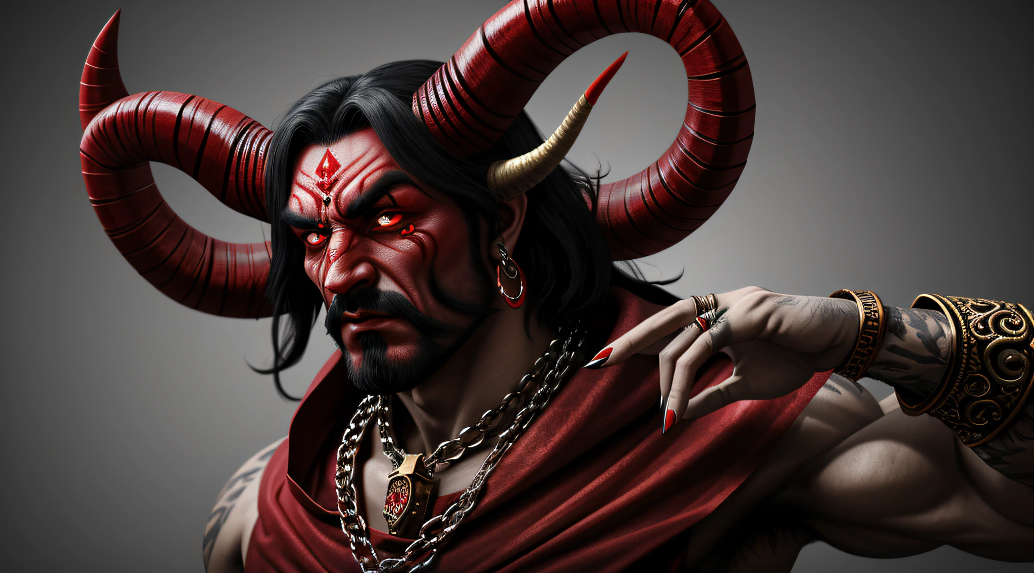 Shaitan with horns, muscular shaitan, Long horns, red-eyes, Around the neck is an amulet, Rings on his fingers. Human Hand, Very clear, Without flaws, with five fingers, Photorealistic, Correct eye shape, Very detailed face, Spectacular light. High quality 8k
