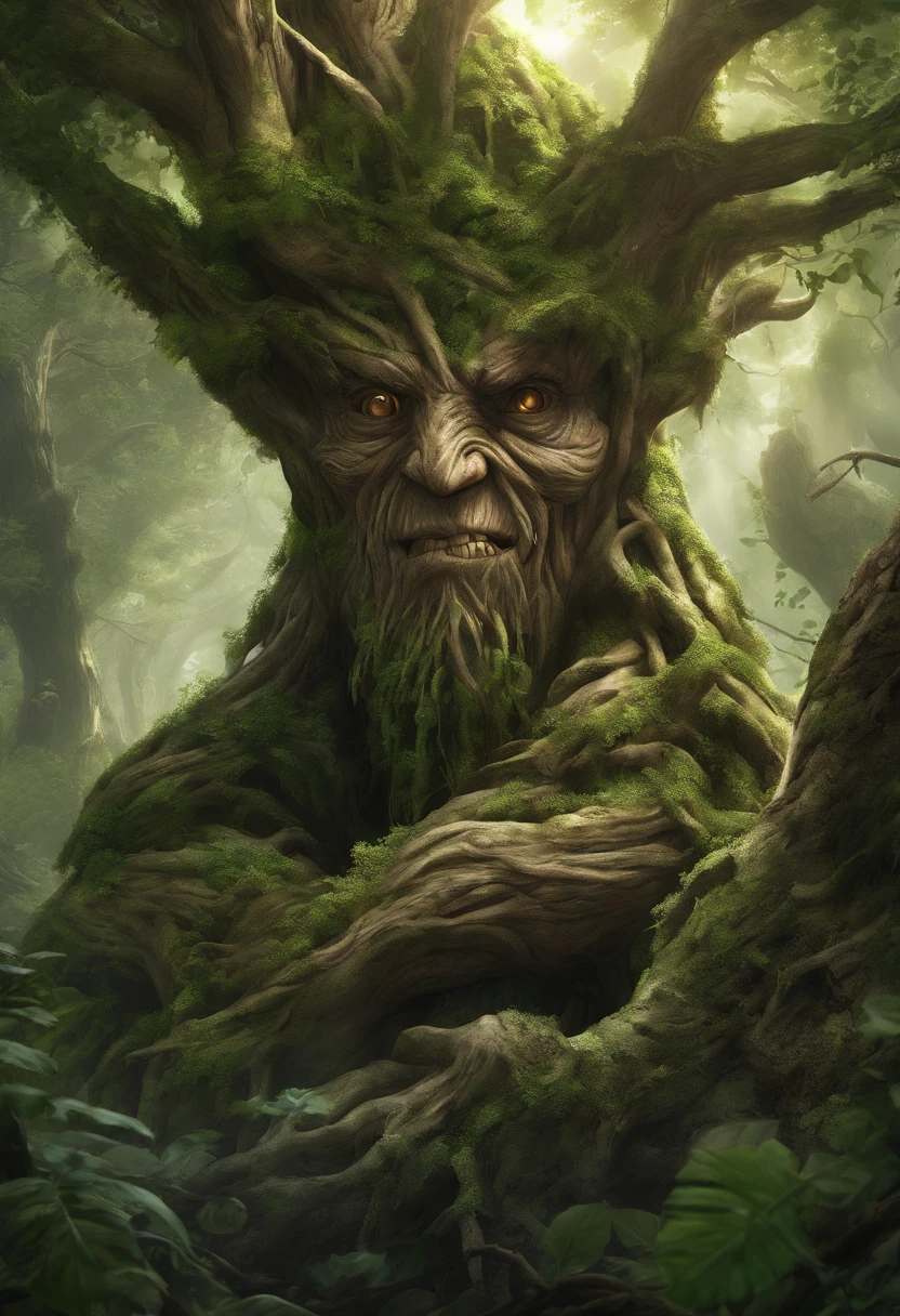 1 Dryad,Cartoon tree close-up,There is a face on it, treant, but rather a, ent treant dryad, the trees are angry, Evil Tree Elves, Groot, character art of maple story,leafy branches,Lots of branches, oak tree ent, plant monster, tree druid, of the tree, treebeard, entity, Jane wood art style, plant monster, Mobile game art(Masterpiece, Best quality, Ultra-detailed, Best Illustration:1.2),(refractions,Reflection:1.3 ,