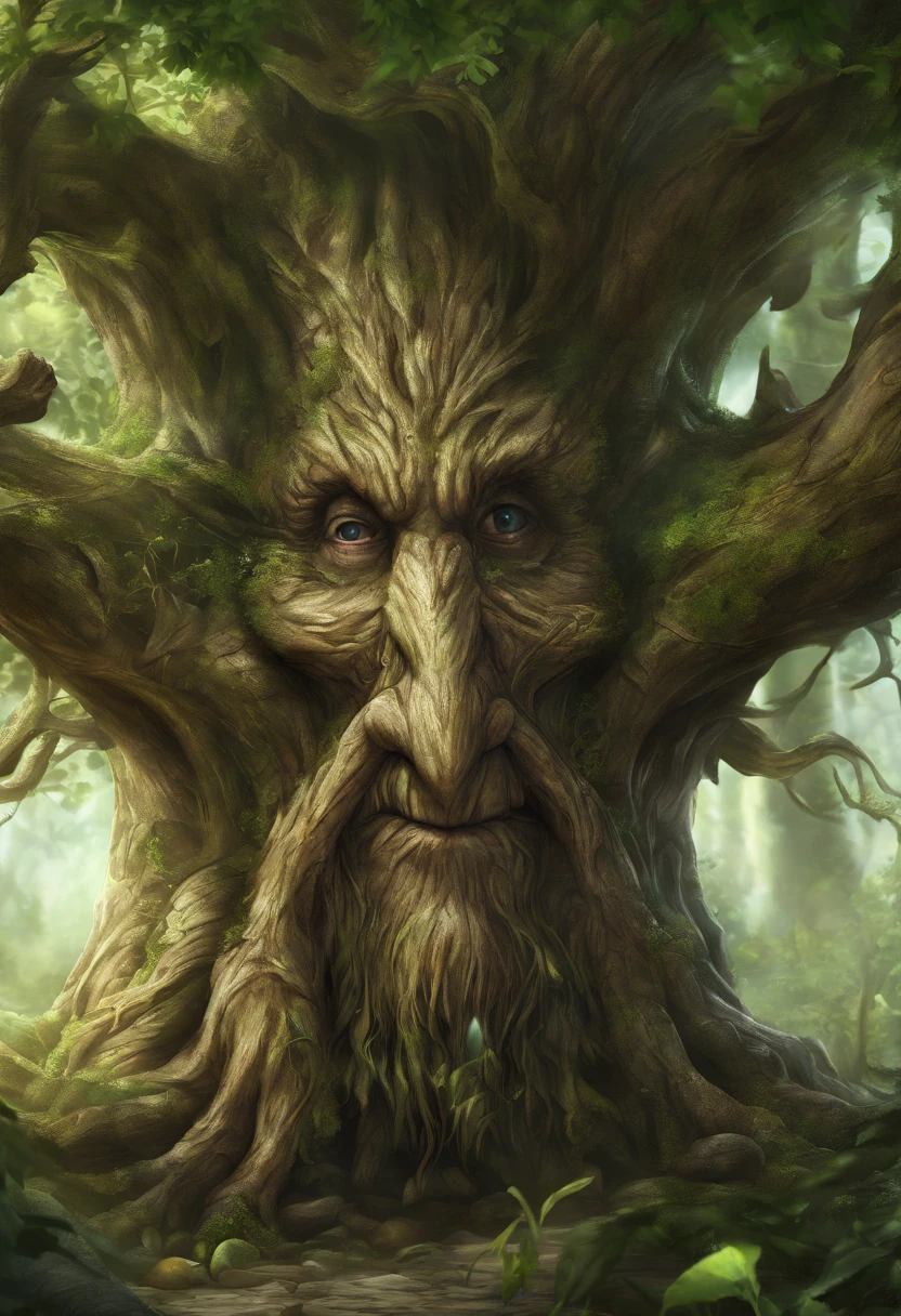 1 Dryad,Cartoon tree close-up,There is a face on it, treant, but rather a, ent treant dryad, the trees are angry, Evil Tree Elves, Groot, character art of maple story,leafy branches,Lots of branches, oak tree ent, plant monster, tree druid, of the tree, treebeard, entity, Jane wood art style, plant monster, Mobile game art(Masterpiece, Best quality, Ultra-detailed, Best Illustration:1.2),(refractions,Reflection:1.3 ,
