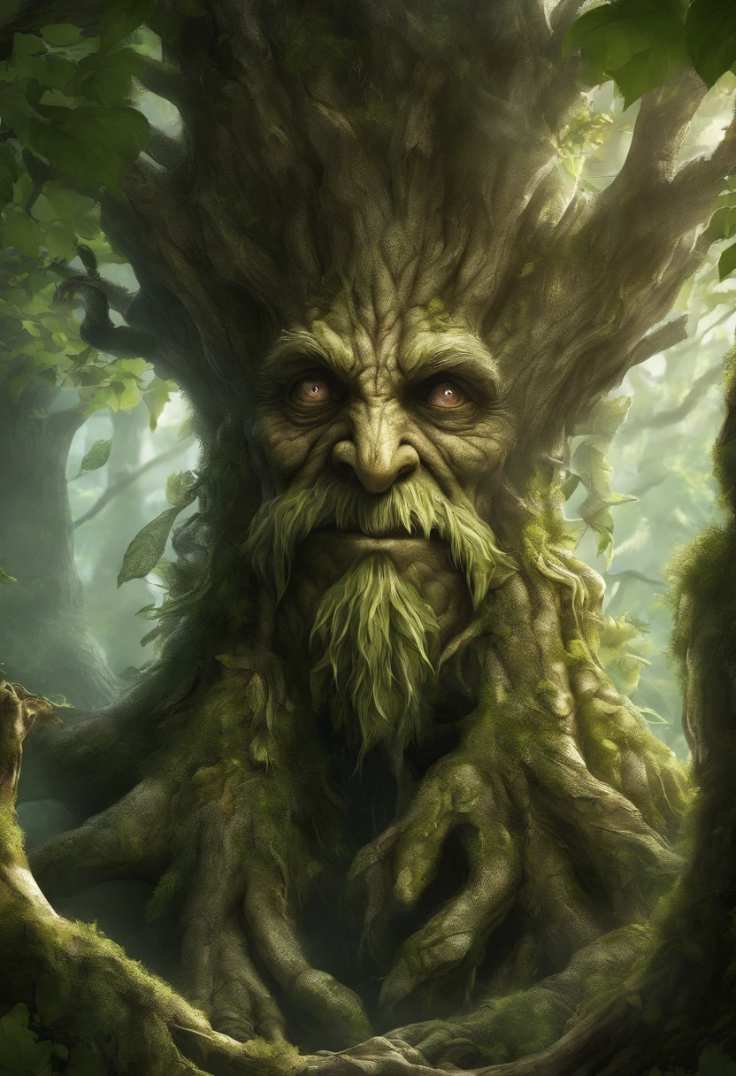 1 Dryad,Cartoon tree close-up,There is a face on it, treant, but rather a, ent treant dryad, the trees are angry, Evil Tree Elves, Groot, character art of maple story,leafy branches,Lots of branches, oak tree ent, plant monster, tree druid, of the tree, treebeard, entity, Jane wood art style, plant monster, Mobile game art(Masterpiece, Best quality, Ultra-detailed, Best Illustration:1.2),(refractions,Reflection:1.3 ,
