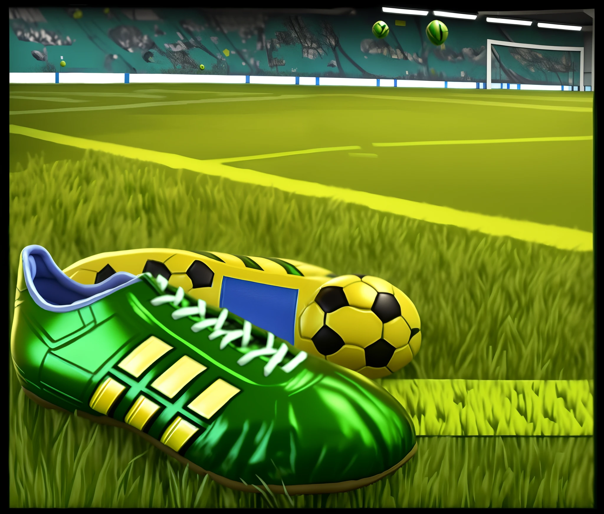 There is a sneaker，One on the grass, wallpaper - 1 0 2 4, adidas painting, author：Echo Chernik, Kicking, green and gold, inflatable future shoes, Entertainment, Fake grass, Inspired by Dennis Eden, Stunning graphics, highly rendered!!, airbrush render, realistic grass, soccer court, Green Gold, photorender，Semi-realistic