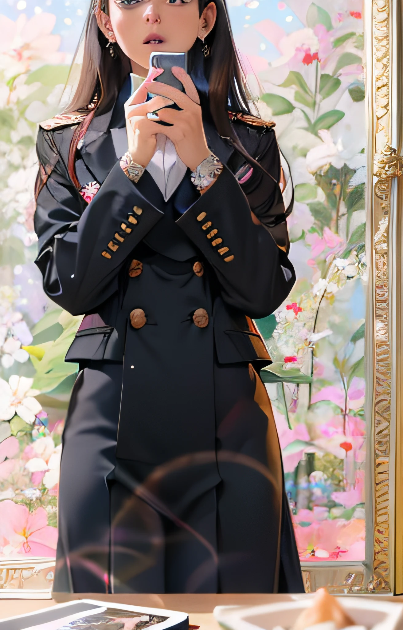 (a girl)(in a pink wall)(taking a selfie)(wearing a black aristocratic suit)(JK uniform)(loose jacket collar)(sailor uniform)(suit girl)(wearing a jacket and skirt)(wearing military uniform)(girl in suit)(complete uniform)(wearing a black uniform)(black coat)(black jacket)(wearing a black military uniform)(black long jacket)
(best quality,4k,8k,highres,masterpiece:1.2),ultra-detailed,(realistic,photorealistic,photo-realistic:1.37),HDR,UHD,studio lighting,ultra-fine painting,sharp focus,physically-based rendering,extreme detail description,professional,vivid colors,bokeh.
(photography)