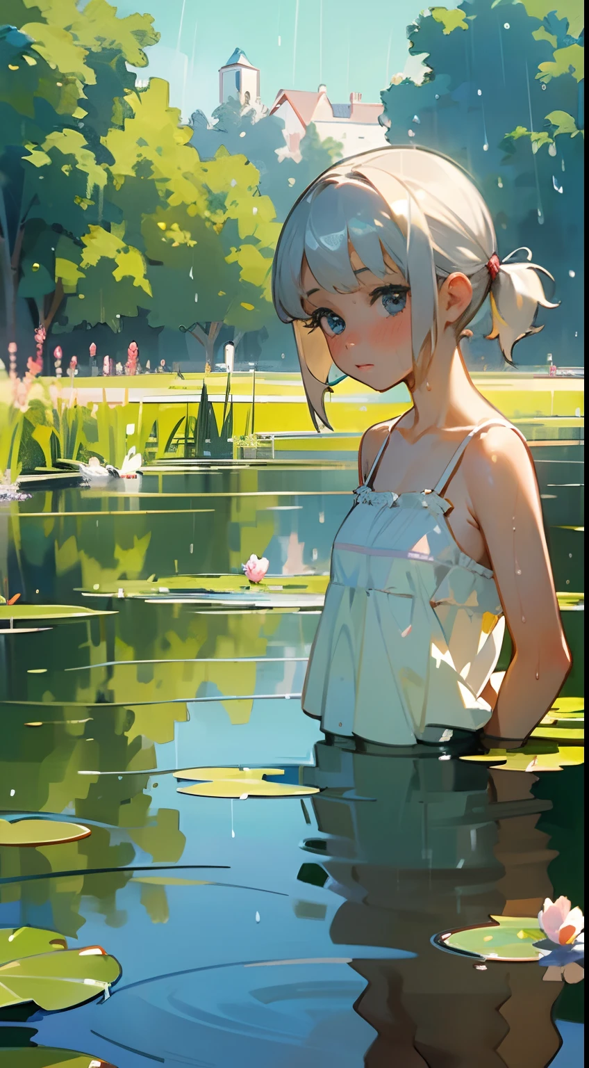 In Claude Monet style, Impressionism, 1girl, upper body focus, (completely nude), 14 year old, full body Esbian, short silver hair, pond, ((curtsey)), (wet)