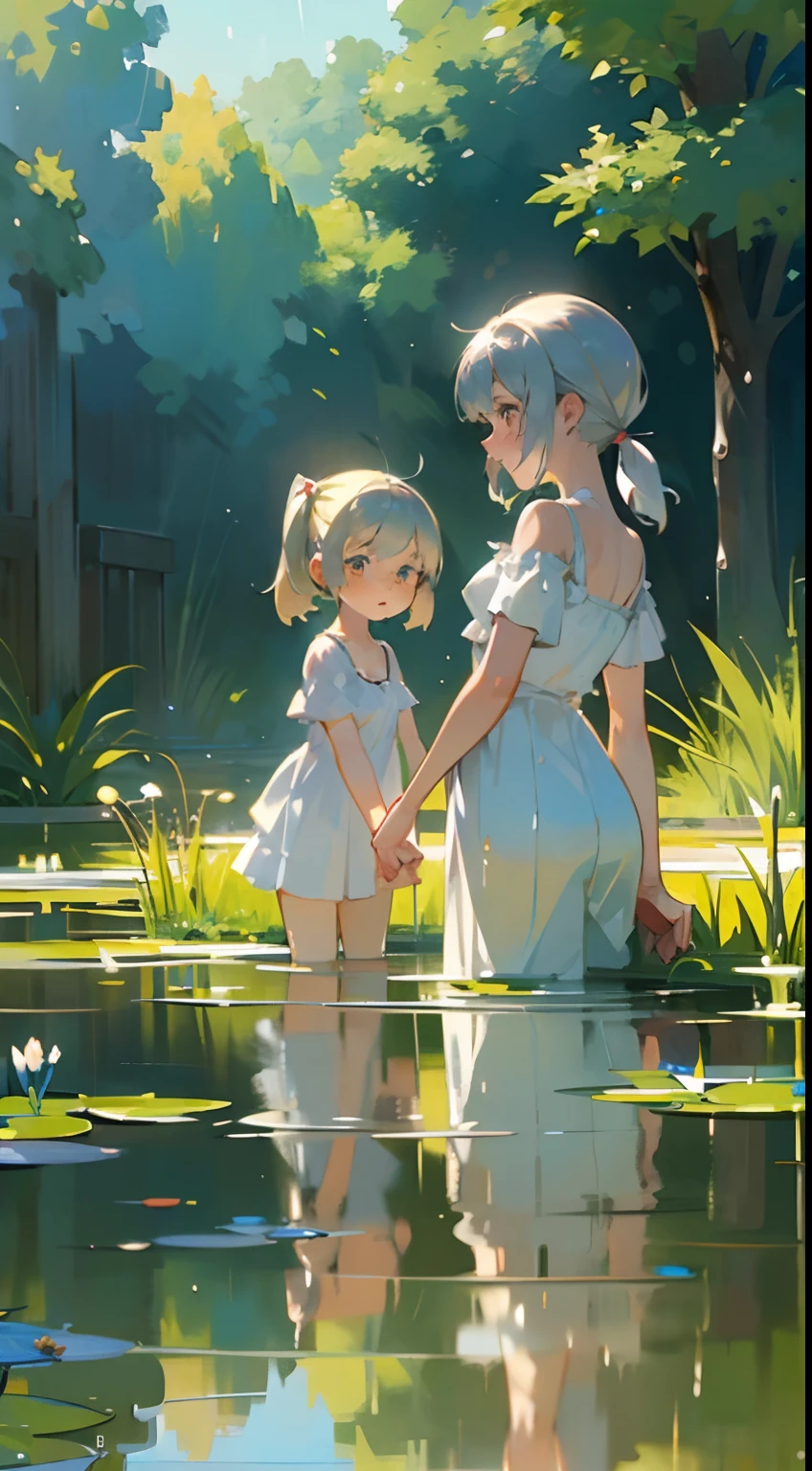 In Claude Monet style, Impressionism, (2 girls), white camisole, 1 girl is short silver hair, 1 girl is blond pony tail, pond, ((wet)) curtsey, close to viewer, cheek-to-cheek