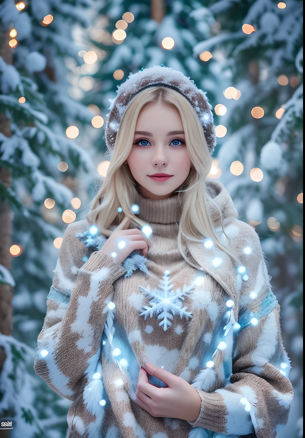 Woman in winter sweater and hat holding snowflake, winter princess, Snow glow, anna nikonova aka newmilky, 8K Artgerm Bokeh, in a snowy forest setting, light snowfall, beautiful nordic woman, bokeh only in the background, a beautiful blonde, Winter snow, Winter time, portrait of nordic girl, atmospheric cold lighting