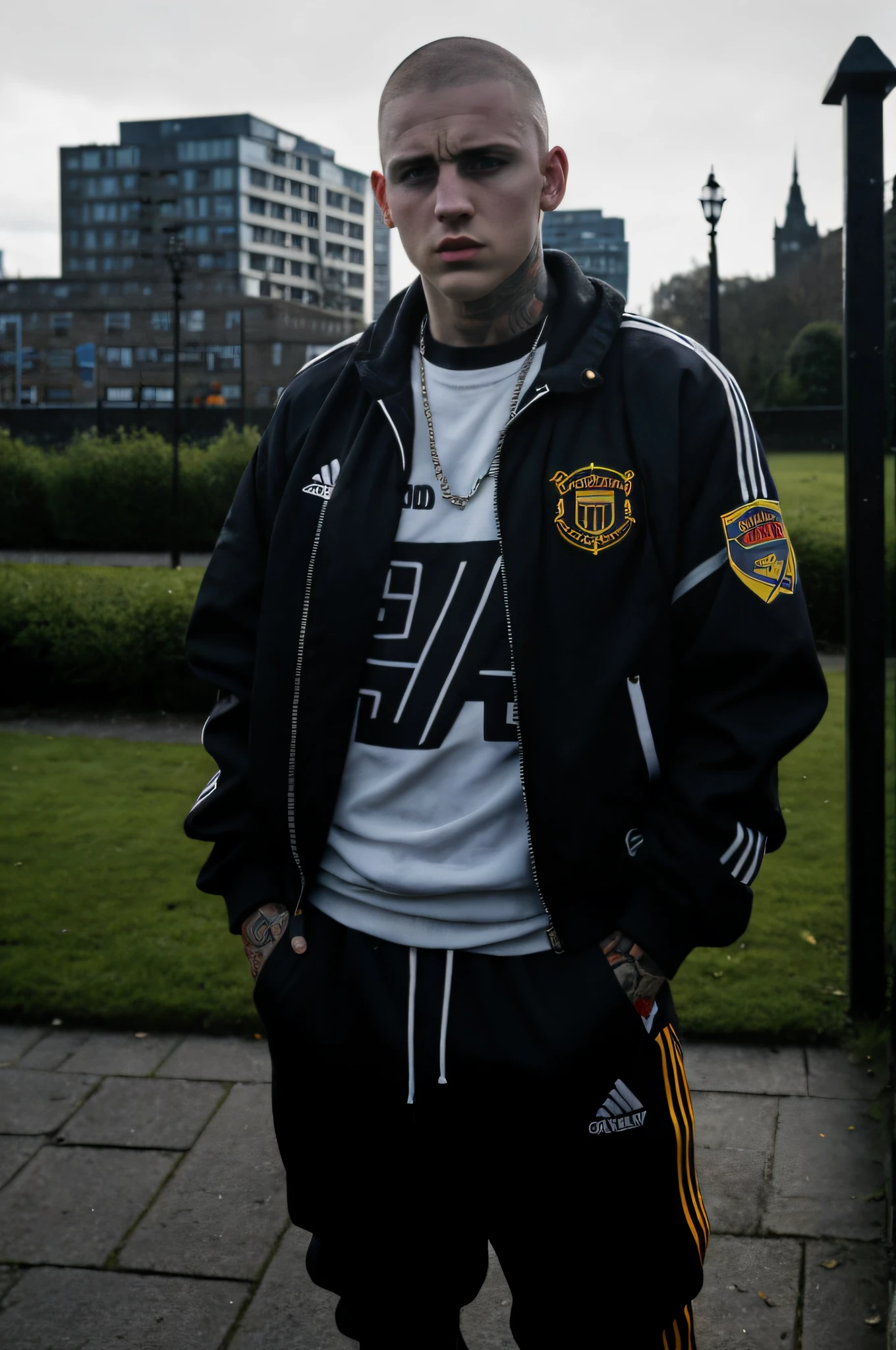 masterpiece, best quality, 1boy, 30 year old, chav, rough, dirty, Mancunian, mean, bully, druggie, skinhead, (park background), realistic, dramatic lighting, atmospheric, intricate detail