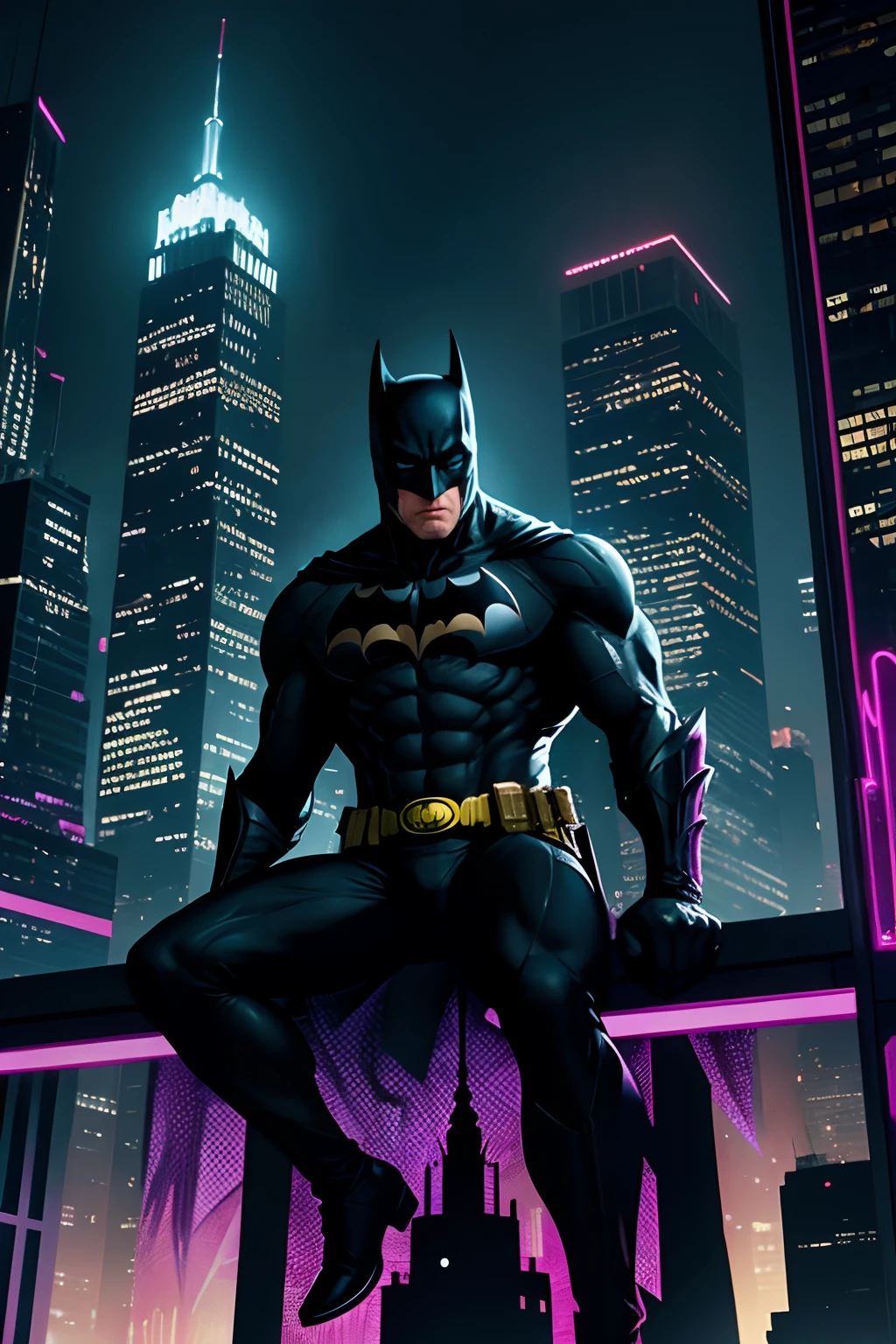 In a vibrant digital drawing, create a mesmerizing depiction of Batman perched atop a towering skyscraper, overlooking the sprawling metropolis of Gotham. Utilize your skills in cel-shading and ultra detailed illustration with a focus on strong outlines and ink lines, capturing the essence of Batman's dark and brooding silhouette against the city's neon-lit backdrop. --ar 16:9 --v 5.2