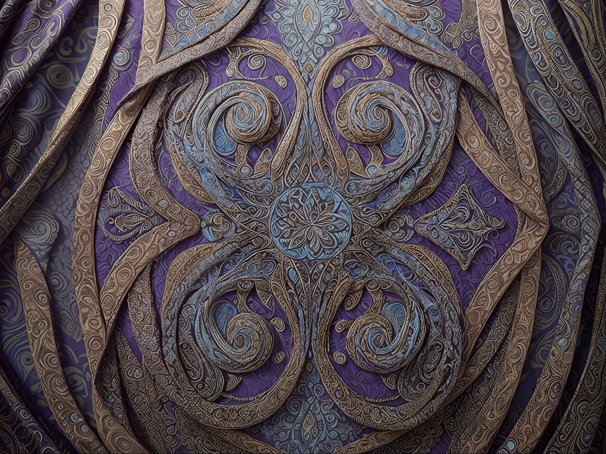 A mesmerizing paisley pattern comes to life in a dynamic explosion of colors and shapes. This elaborate and intricately designed textile masterpiece captures the viewer's attention with its vibrant and harmonious blend of deep purples, rich blues, and golden accents. The level of craftsmanship and attention to detail is evident in the precision of each line and the meticulous arrangement of the paisley motifs. This high-definition photograph allows every intricate element of the paisley design to shine, showcasing its exquisite beauty and flawless execution.