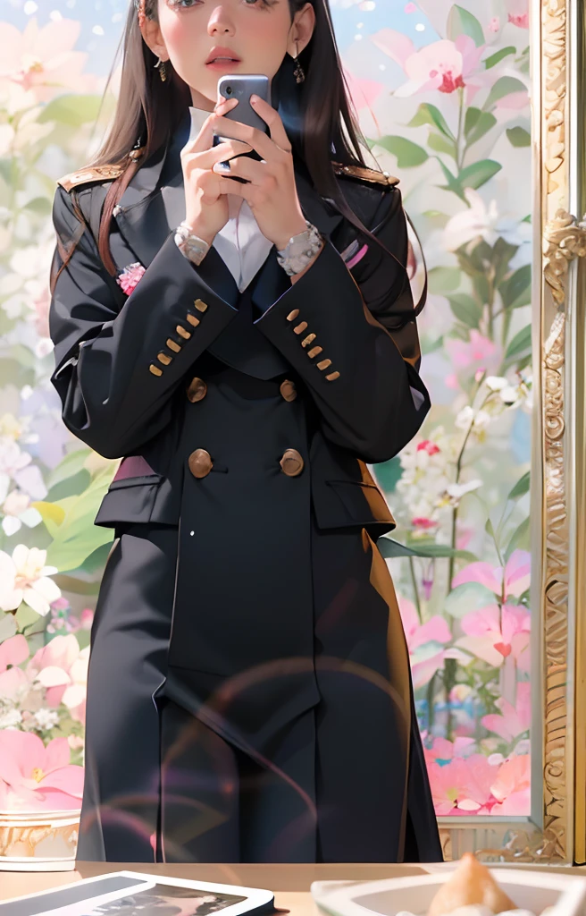 (a girl)(in a pink wall)(taking a selfie)(wearing a black aristocratic suit)(JK uniform)(loose jacket collar)(sailor uniform)(suit girl)(wearing a jacket and skirt)(wearing military uniform)(girl in suit)(complete uniform)(wearing a black uniform)(black coat)(black jacket)(wearing a black military uniform)(black long jacket)
(best quality,4k,8k,highres,masterpiece:1.2),ultra-detailed,(realistic,photorealistic,photo-realistic:1.37),HDR,UHD,studio lighting,ultra-fine painting,sharp focus,physically-based rendering,extreme detail description,professional,vivid colors,bokeh.
(photography)