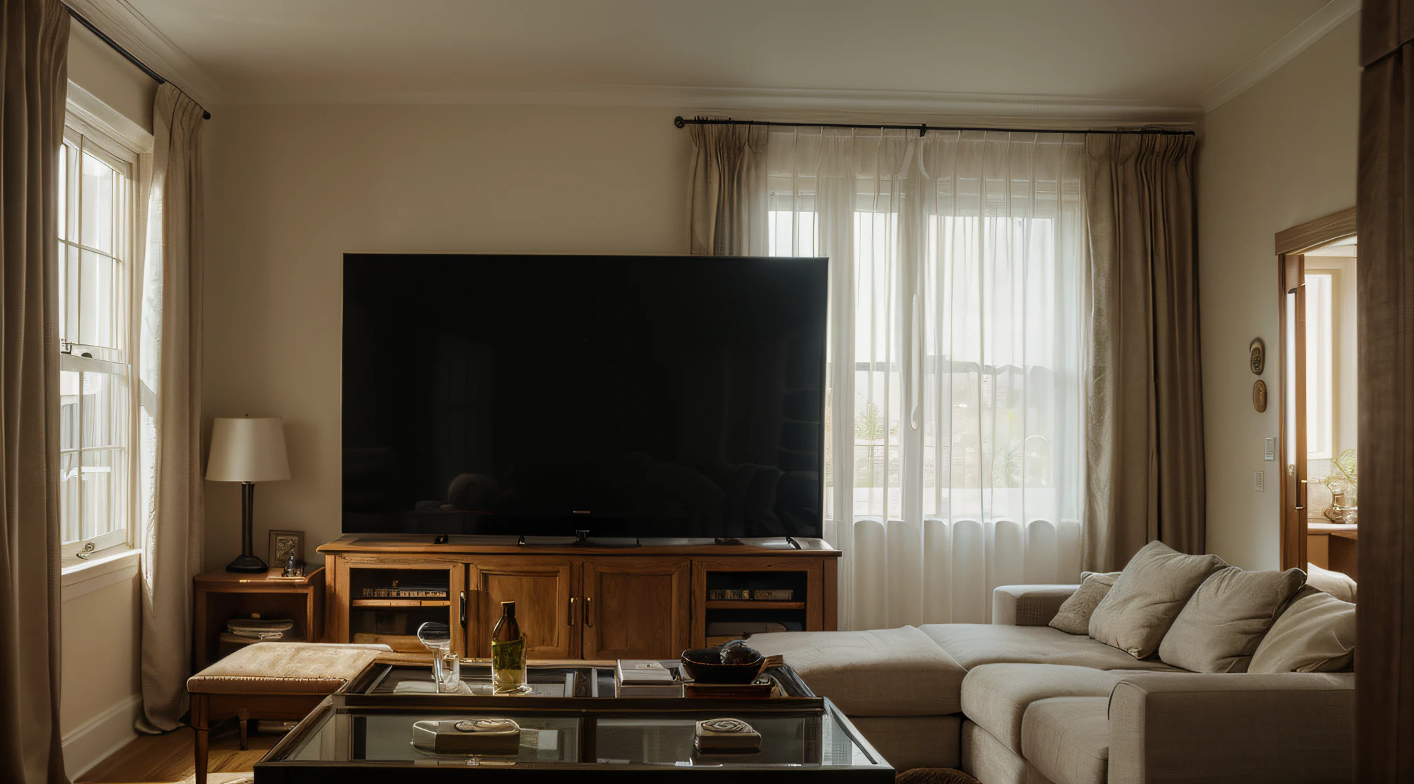 Hidden Entertainment: An enigmatic illustration of a concealed, glowing entertainment screen, partially hidden by curtains, suggesting the allure of a reward like watching a favorite show