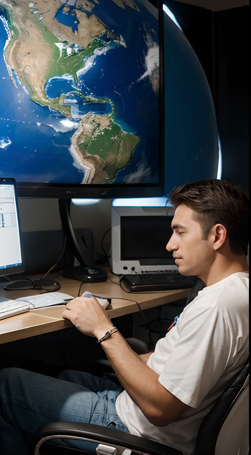 A man sits in front of a computer,Is sending messages into space