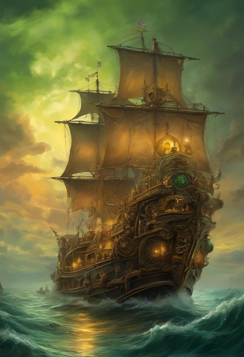 Extremely detailed 8k wallpaper,(Highly detailed:1.1), ((Masterpiece:1.1)),[anime:impasto:0.5], Intricate , fantasy,(1 boat),(Ocean:1.2),[Golden ship:Golden ship with (Green fire:1.2):0.1], Clear sky ,Wind ,Beautiful sky,(nightsky),(milky ways), (Huge blood moon in the background:1.05)