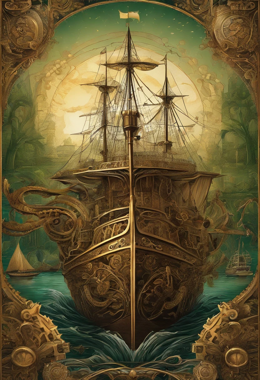 Extremely detailed 8k wallpaper,(Highly detailed:1.1), ((Masterpiece:1.1)),[anime:impasto:0.5], Intricate , fantasy,(1 boat),(Ocean:1.2),[Golden ship:Golden ship with (Green fire:1.2):0.1], Clear sky ,Wind ,Beautiful sky,(nightsky),(milky ways), (Huge blood moon in the background:1.05)