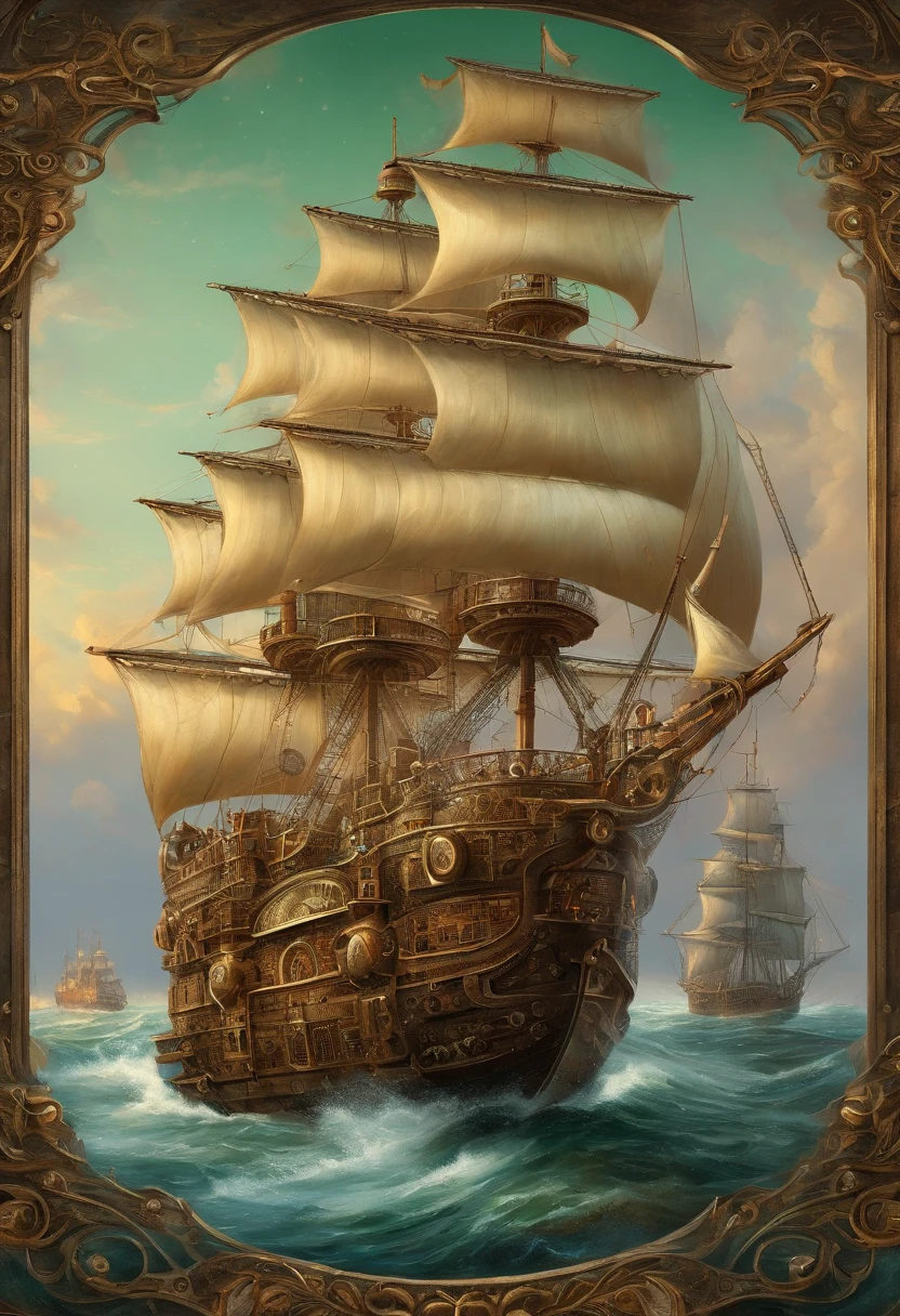 Extremely detailed 8k wallpaper,(Highly detailed:1.1), ((Masterpiece:1.1)),[anime:impasto:0.5], Intricate , fantasy,(1 boat),(Ocean:1.2),[Golden ship:Golden ship with (Green fire:1.2):0.1], Clear sky ,Wind ,Beautiful sky,(nightsky),(milky ways), (Huge blood moon in the background:1.05)