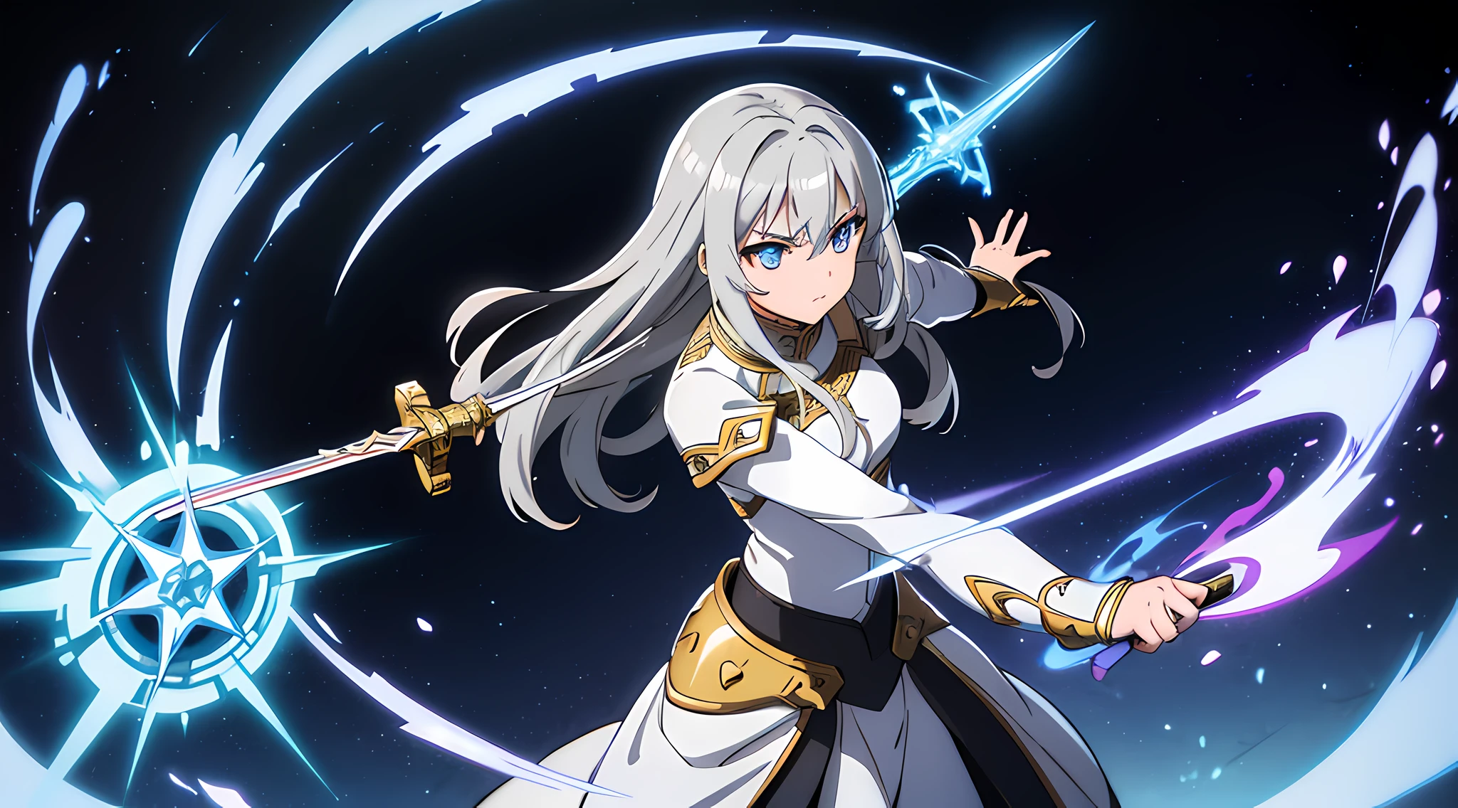 (1 girl, moe), (beautiful eyes finely detailed, light gray hair color, long hair), knight battle suit, full body illustration, evil facial expression, holding a sword, she hold sword with flames coming out from her sword, The background is a magical circle in mahoutsukai no yome style, ​many magical particle in front of her, masterpiece, top-quality, detailed, High resolution illustration