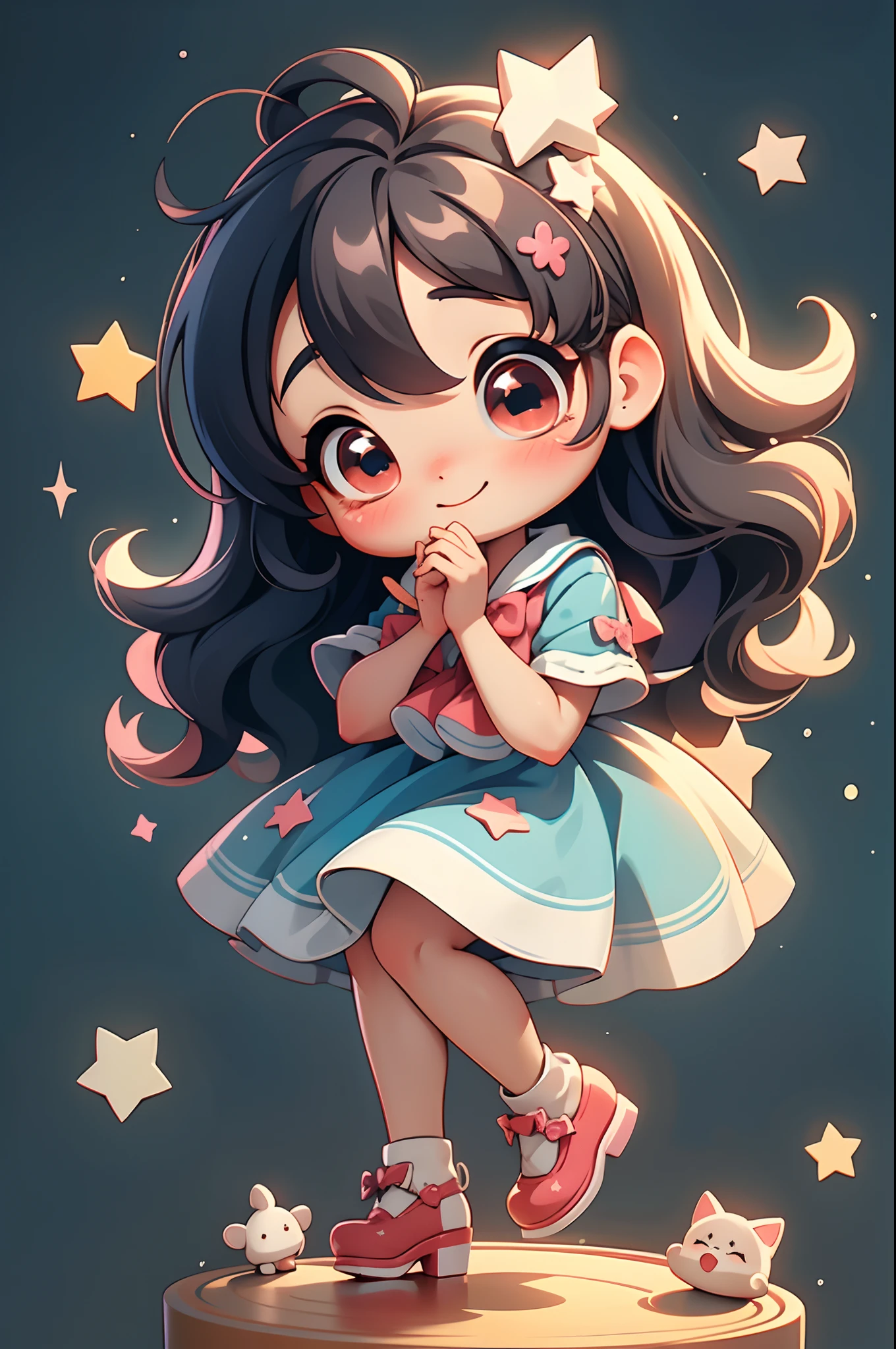 Place one small doll on a circular stand、kawaii pose、A smile、A dark-haired、Chibi Doll、Stars in the eyes(kirakira)、Raise your right hand、Eye Up、Laugh、Cute red shoes、Ultra Detail, radiant light、bio luminescent、Taken from the side、Stronger bokeh effect