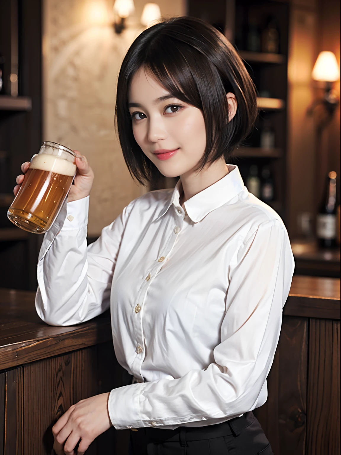 88
(a 20 yo woman,is standing), (A hyper-realistic), (masutepiece), ((short-hair:1.46)), (Smooth black hair), (Breast:1.0), (kindly smile), Wear long pants, (Wearing a long-sleeved shirt), (Beautiful skin:1.5), (Drinking beer)