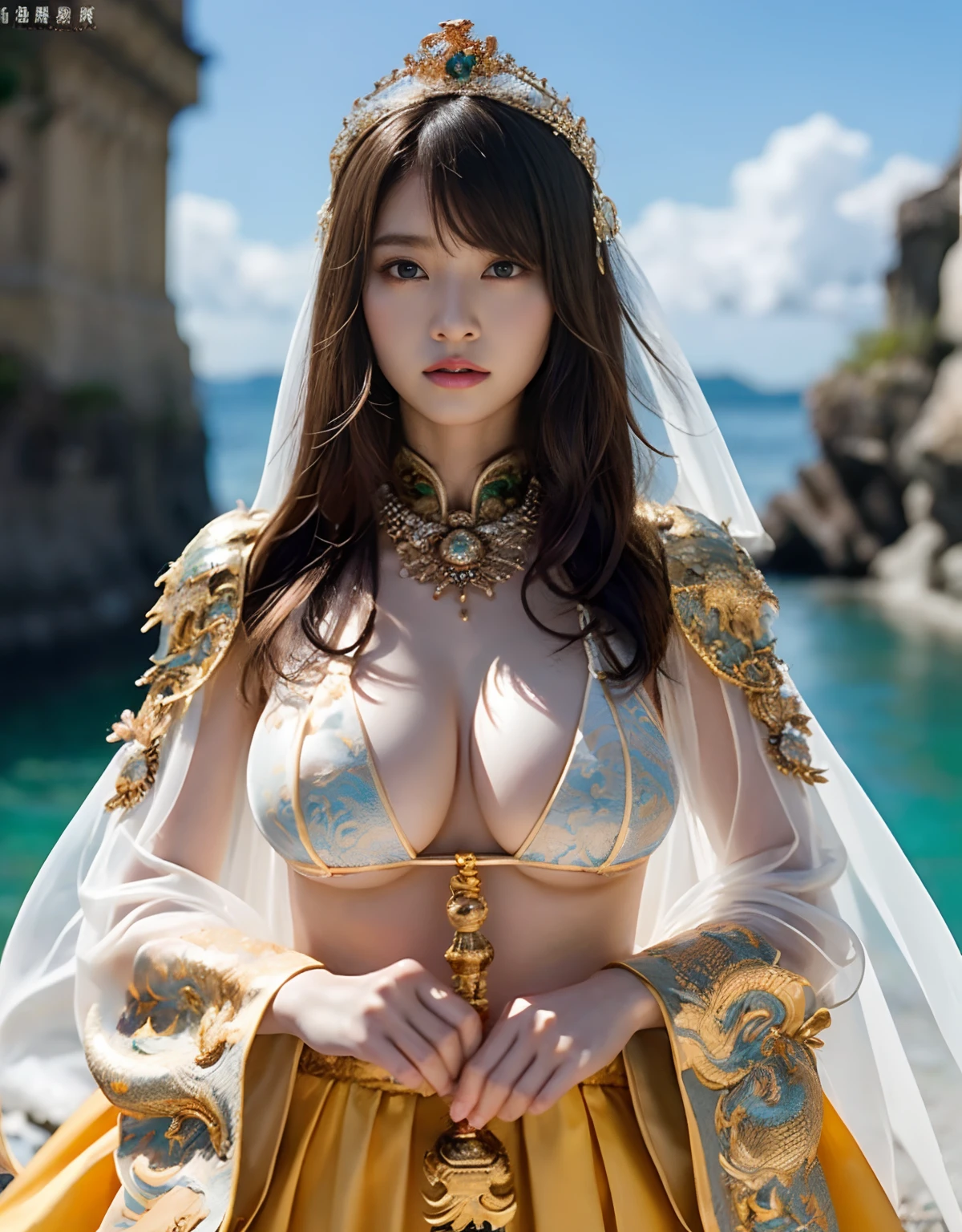 (heavy breasts)、top-quality、masterpiece、超A high resolution、(White Ragon Armor)、(((Colossal tits))),dragon armor、(((Detailed Micro Bikini))),(Wearing a beautiful crown made of jewels),(Photorealsitic:1.4)、Raw photo、女の子1人、(((Random hair))、(((Take different poses)))、glowy skin、(((Chinese Dragon)))、Intricate and ornate hair ornaments、(Gorgeous Jewelry Necklaces)、(Mystical expression)、(Full Body Angle)、(Fight big dragons)、With a beautiful knife、(Yellow Metal Bikini)(((sea the background of))),、(falls)、Precipitous cliffs、(Background of ancient ruins)、((super realistic details))、portlate、globalillumination、(sexypose)、Shadow、octan render、(One-Eyed Scouter)、8K、ultrasharp、Colossal tits、Raw skin is exposed in cleavage、metals、Details of complex ornaments、Japan details、highly intricate detail、Realistic light、CGSoation Trends、Blue eyes、radiant eyes、Facing the camera、Toostock、(Full Body Angle)、(veils)、