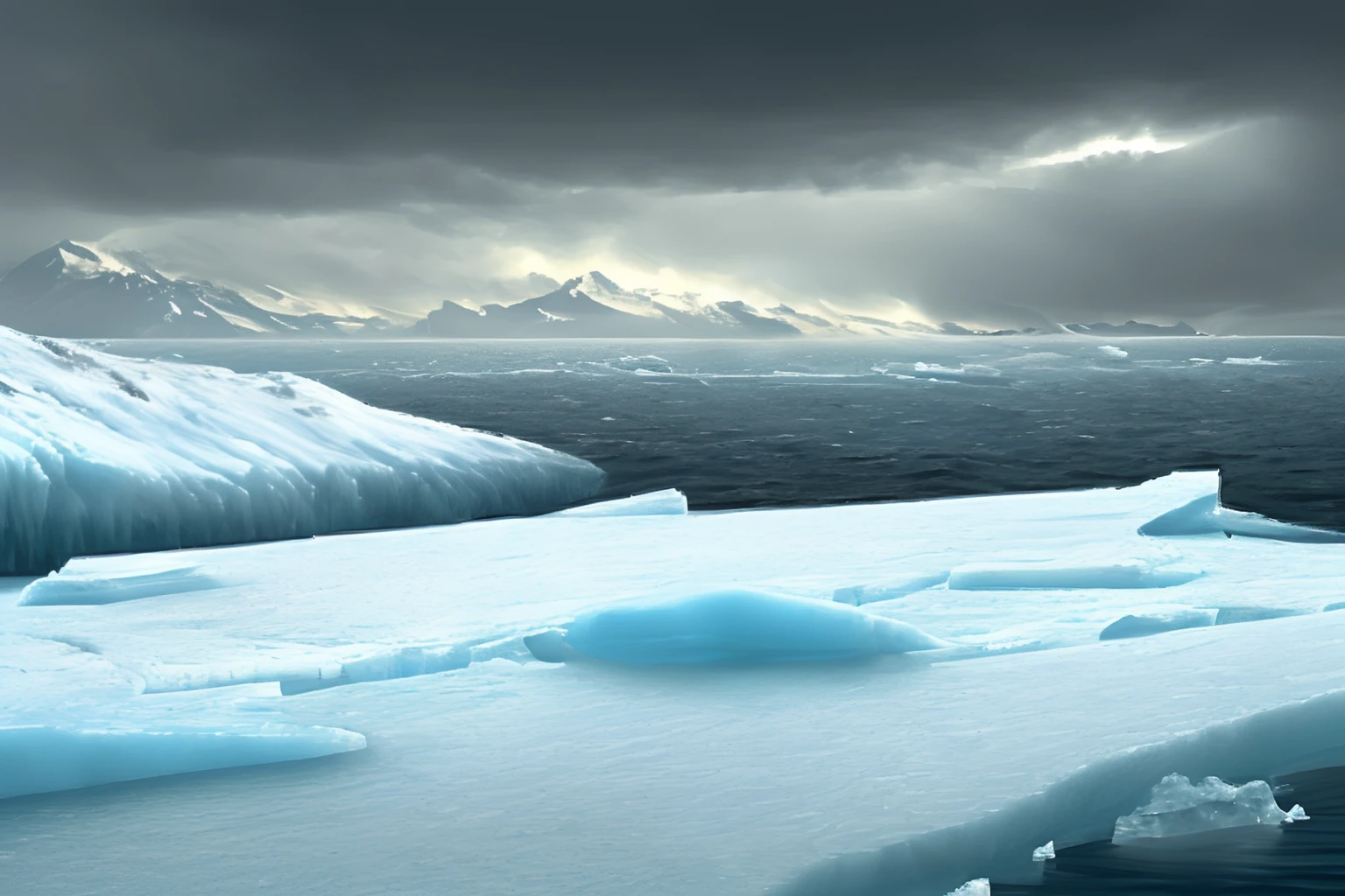 An apocalyptische scene of An icecold ocean with Huge mountains of ice, the it snows and storms, it is evening, There is a Frozen ship and a polarbear