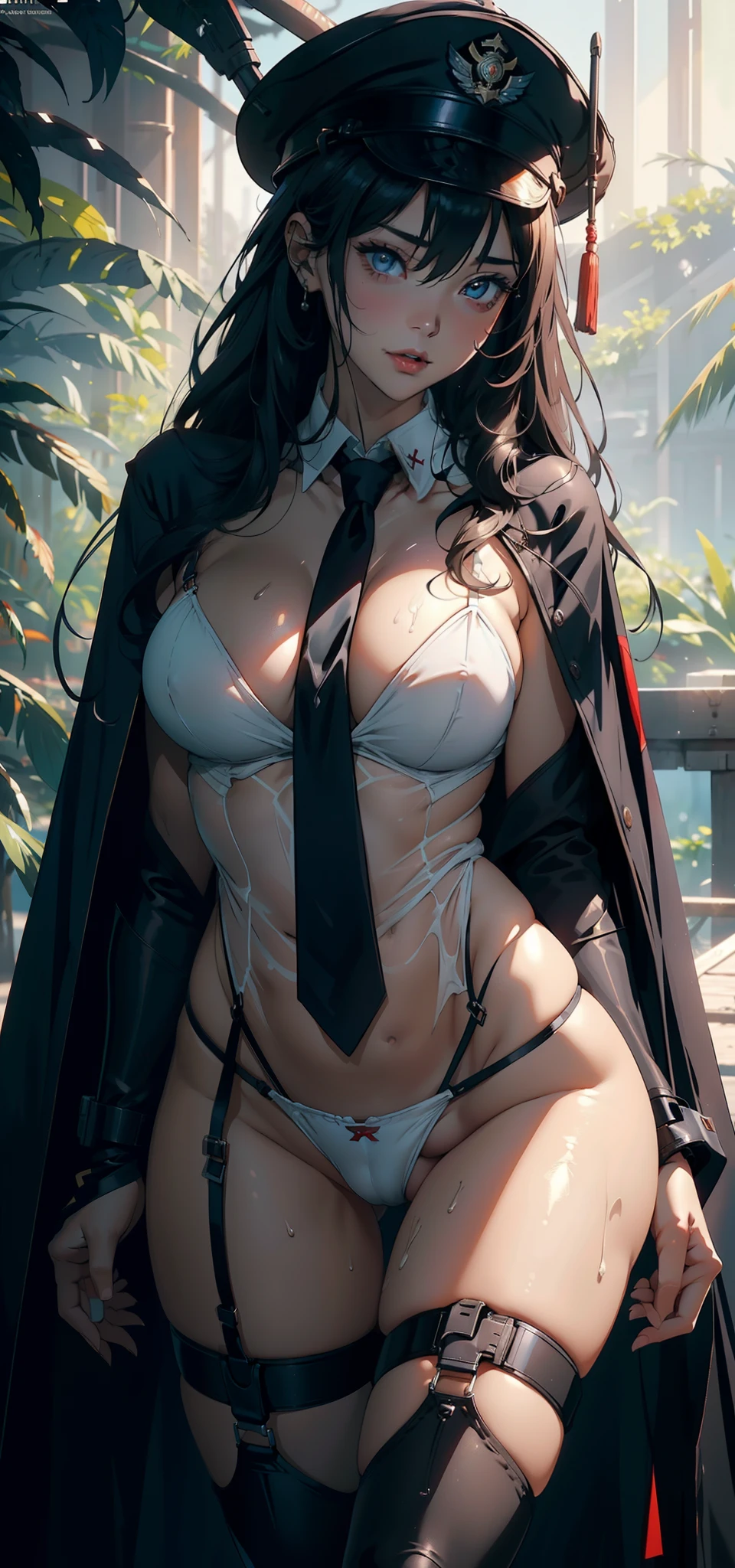 2 women's beauty pageants,25 age old,Large breasts,Pornographic exposure, 独奏,(Background with:ln the forest,the rainforest,in summer) with his long black hair,standing on your feet,Sweat profusely,drenched all over the body,seen from the front, curlies, mostly cloudy sky,(((tmasterpiece),(Very detailed CG unity 8K wallpaper),best qualtiy,cinmatic lighting,detailed back ground,beatiful detailed eyes,Bright pupils,(Very fine and beautiful),(Beautiful and detailed eye description),ultra - detailed,tmasterpiece,)),facing at camera,A high resolution,ultra - detailed),revealing breasts,Bare genitalia, Bulge,Camel toes,Raised sexy,Flushed complexion,Open-mouthed,frontage,girl soldier,military hat(Wearing:White loose shirt,black necktie,Pantyhose,Red cape)nakeness,high-heels,Mechanical prosthetics,cyber punk perssonage