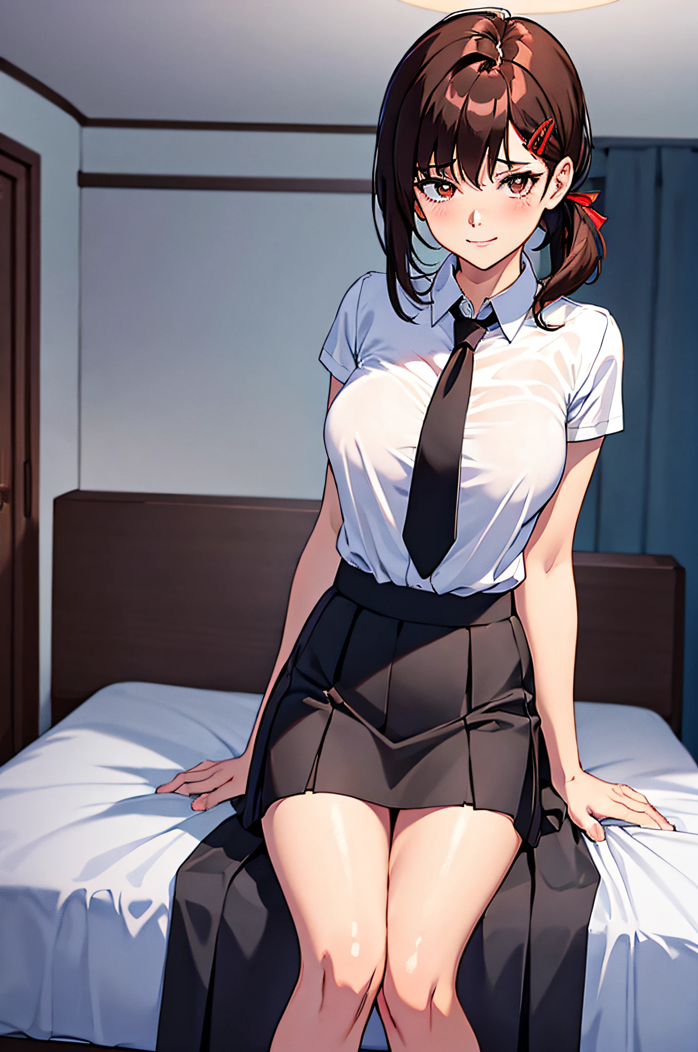 tmasterpiece，best qualtiy，ultra - detailed，illustratio，epic lighting，Cinematic compositions，isometry，1girll，独奏，adolable，with brown eye，black colored hair，sweeping bangs，Single hair，red hairclip，Blouse with white collar，black necktie，a black skirt，Formal，a captivating gaze，enchanting posture，inside in room，On-bed，looking at viewert，peeking out upper body，Be red in the face，Tempting smile，Shut your mouth，(8K:1.1),Over knee socks，Lift the skirt，The reveal panties，bumps，Metamorphosis is exposed，Lace pantie，Cute panties
