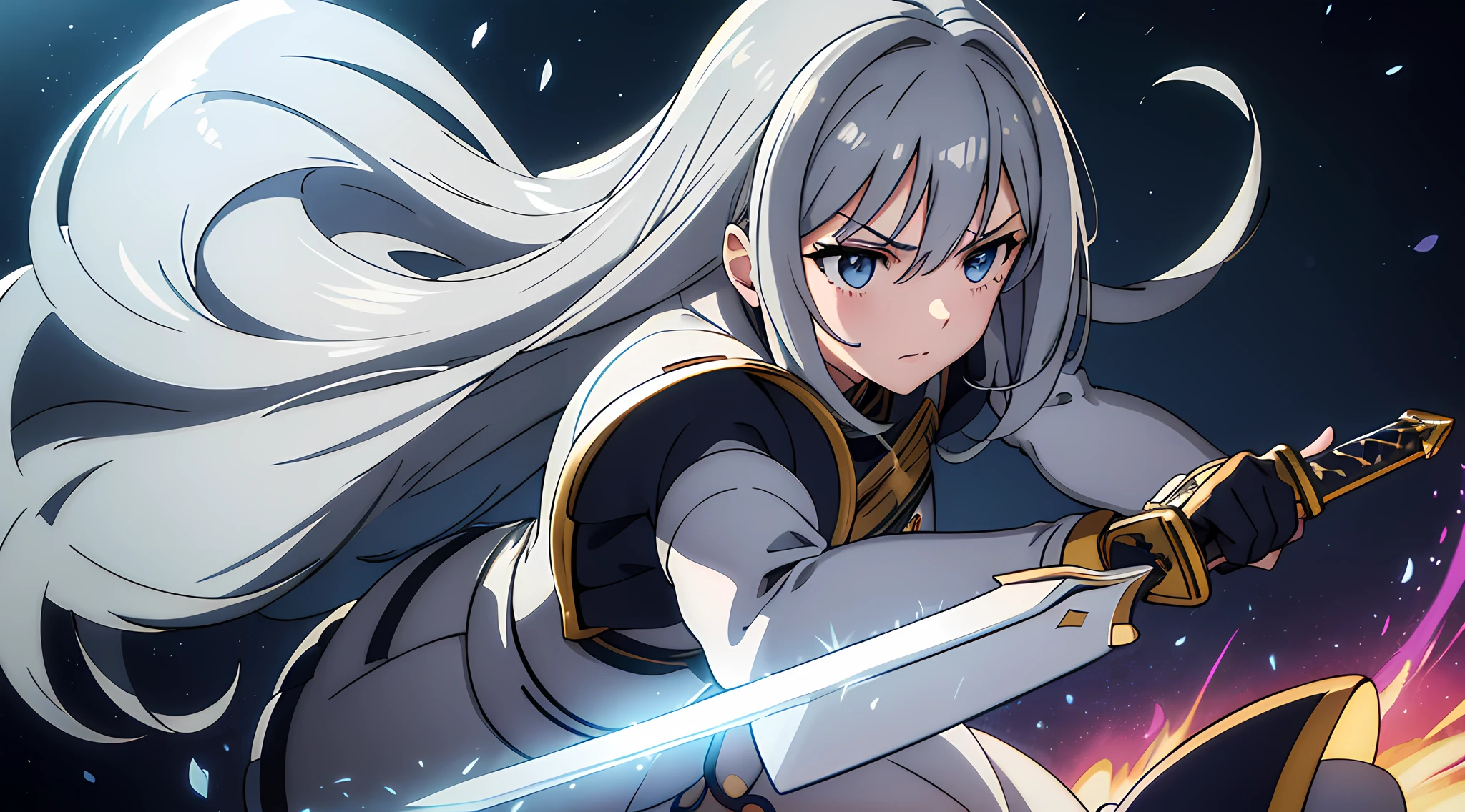 (1 girl, moe), (beautiful eyes finely detailed, light gray hair color, long hair), knight battle suit, full body illustration, evil facial expression, holding a sword, she hold sword with flames coming out from her sword, The background is a magical circle in mahoutsukai no yome style, ​many magical particle in front of her, masterpiece, top-quality, detailed, High resolution illustration