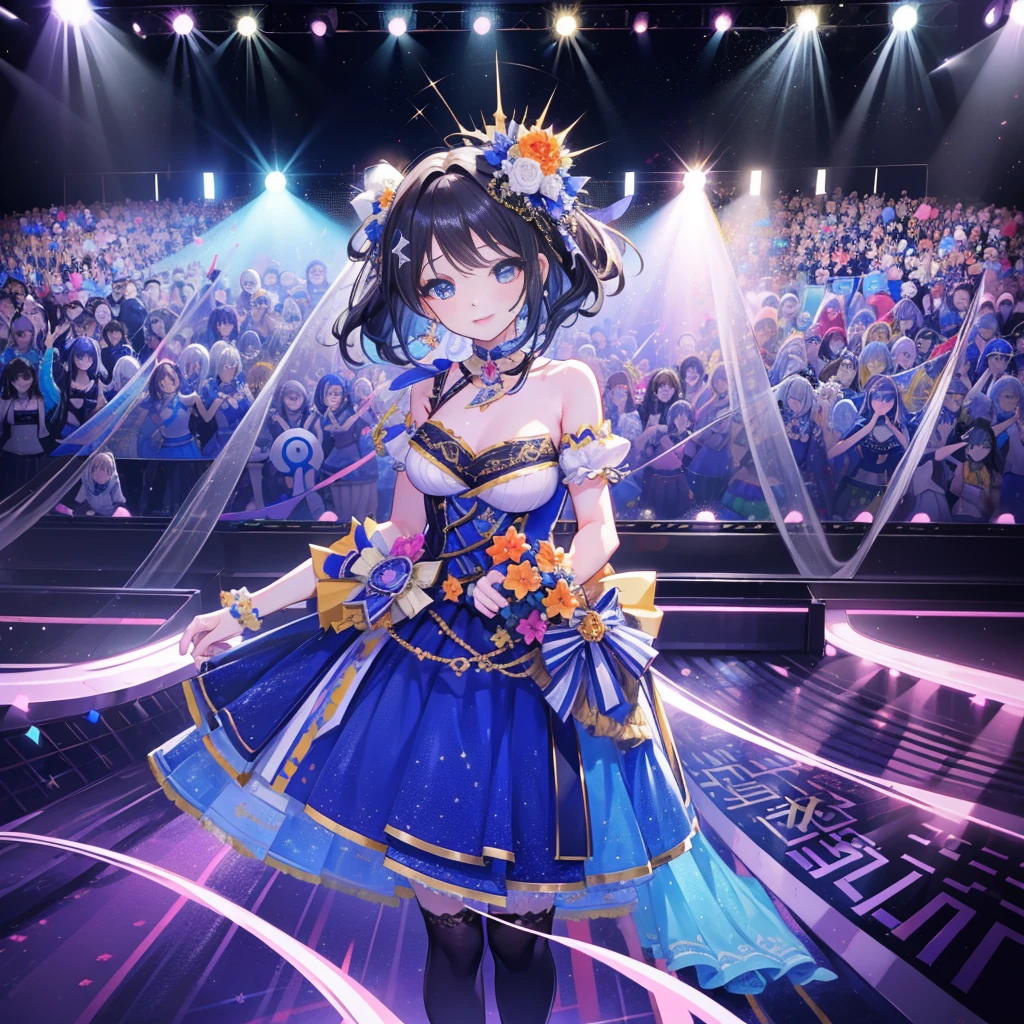 Multiple girls、(((Idol groups)))、5 girls smiling、audience、Live performance venue、((masterpiece best quality:1.2))、Dynamic、the eyes are shining、profetional lighting、Live Lighting、Idol groups、in line