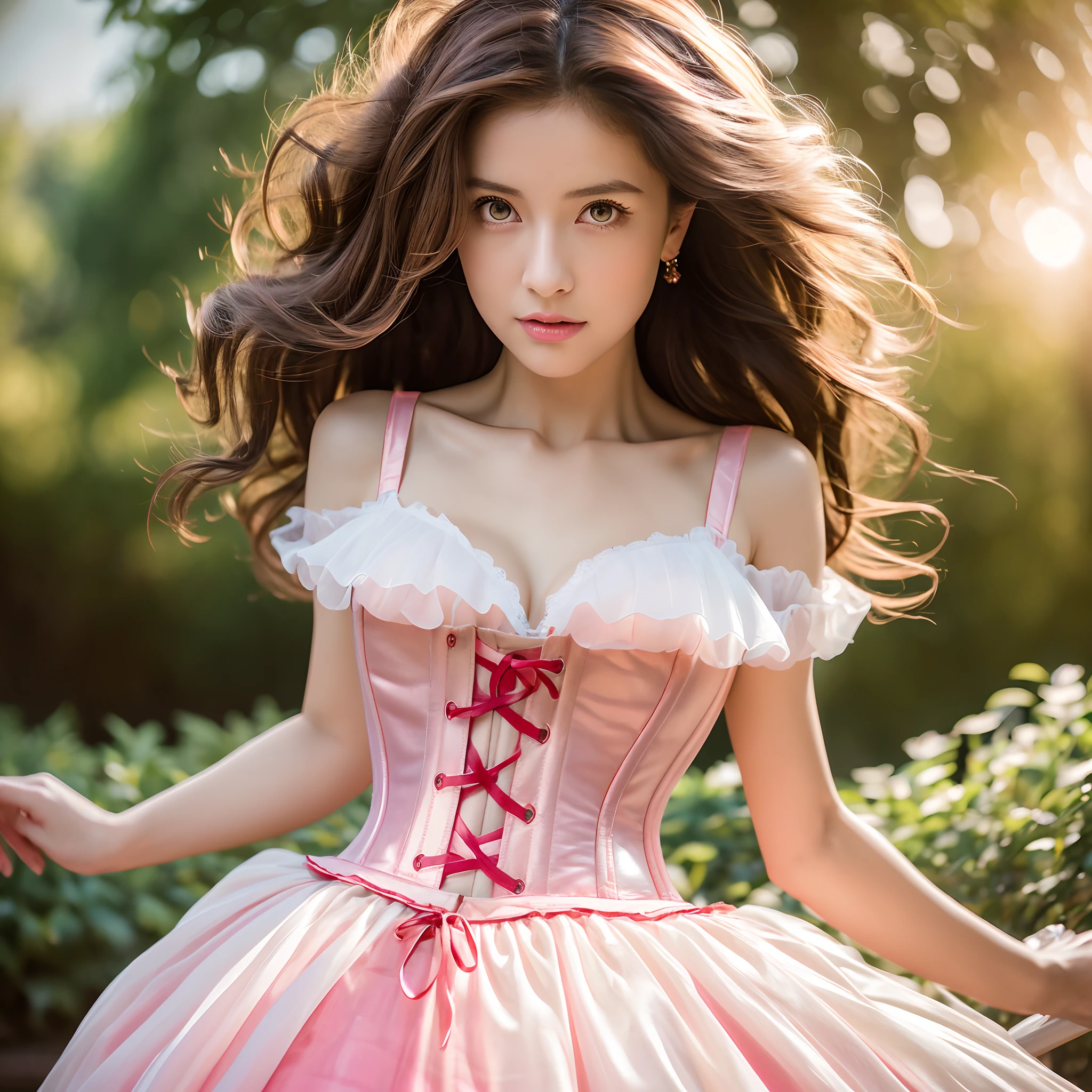Masterpiece, best quality female, (japanese),(large breast),, (very long curly pink volumetric hair:1.33), (white crinoline inside with red corset outside:1.33), (long red skirt:1.33), flat headband, (detailed beautiful pink hazel eyes:1.33), detailed blush face, slim body, perfect anatomy, very cute, dynamic pose, perfect shading, dramatic lighting, rendered in 8K resolution for high-quality detail, trending on artstation, concept art, smooth, sharp focus, illustration, highly detailed, soft natural volumetric, cinematic perfect light, intricate details