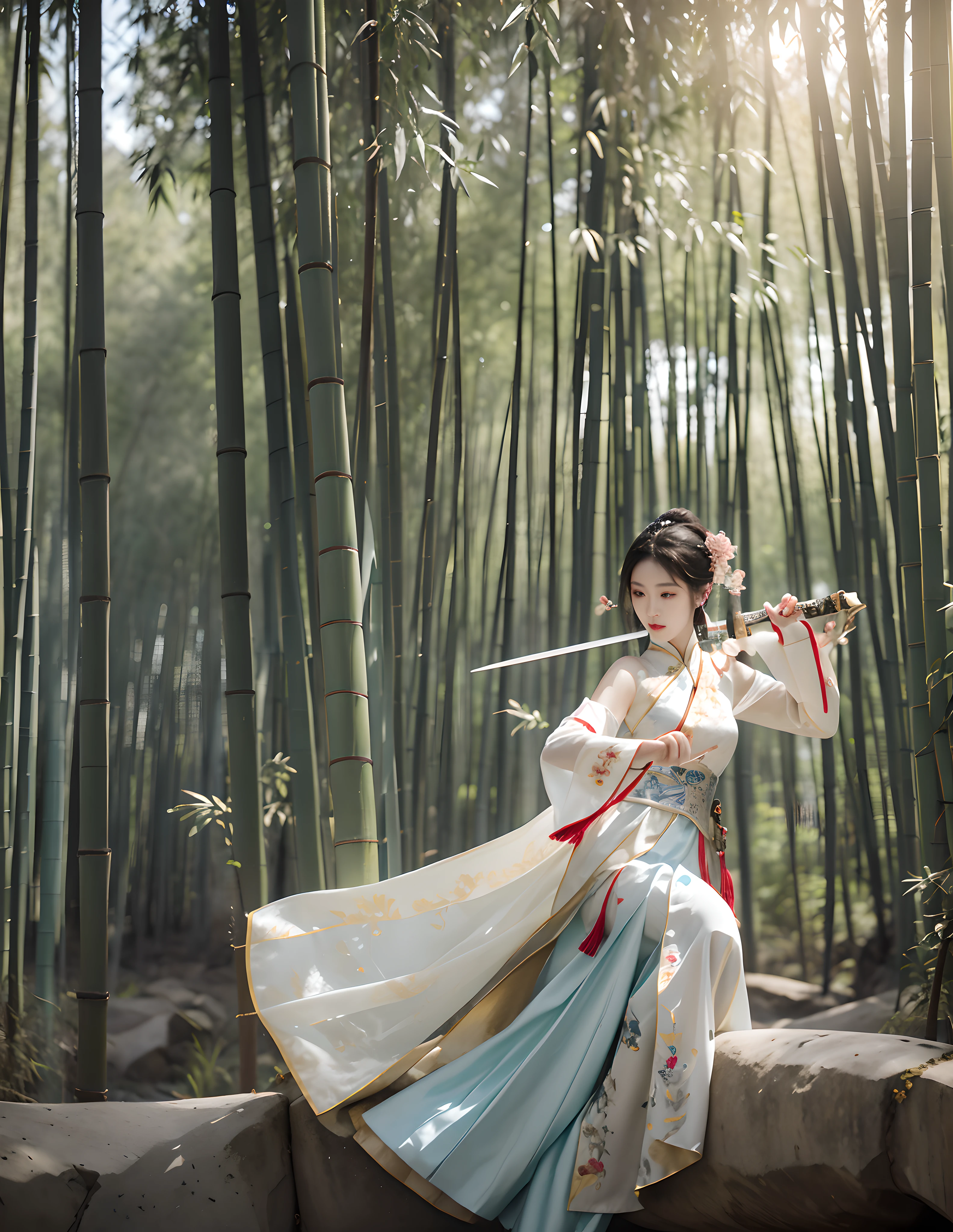 Enter the realm of ancient Chinese warriors with this fascinating tip，Photograph an elegant female warrior, Dressed in traditional Chinese costumes, Wielding a glittering sword in the tranquil bamboo forest. The composition captures the beauty and strength of the warriors, As she moves gracefully and precisely among the towering bamboo stalks. Her traditional costumes, With its intricate embroidery and flowing fabrics, Adds a touch of elegance to the scene. The glittering sword became an extension of her skill and determination, Sunlight reflected through the forest canopy. The use of natural light and a pastel color palette enhances the ethereal beauty of the photo. Photographed by renowned Chinese photographer Chen Man，1girll