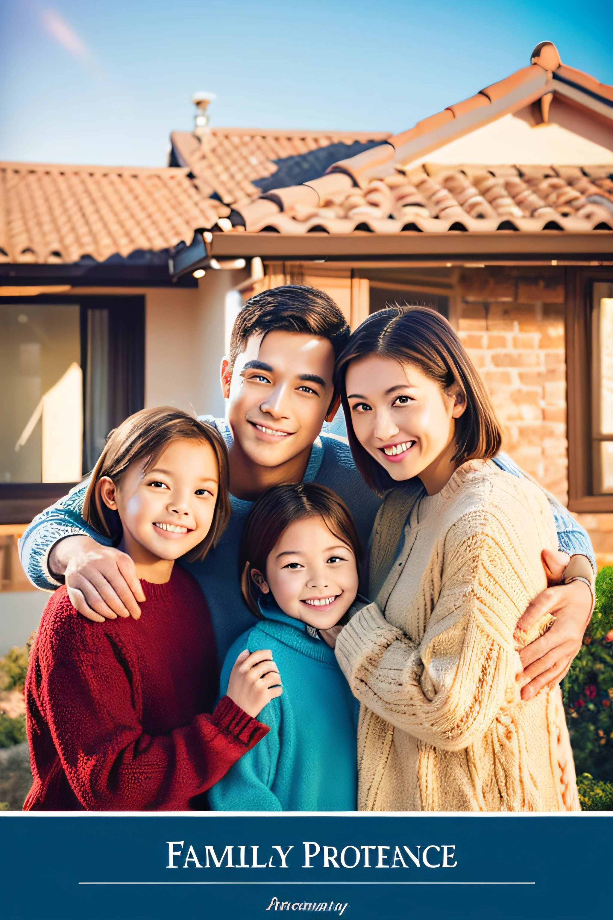 A heartwarming family portrait, "Family Protection - Life Insurance."
Bright, inviting colors, conveying warmth and security.
Generations united, dream home backdrop.
Simple and clear insurance benefits, financial security, and profits.
Contact details for advice and purchase.
Warm and emotional color palette, creating a cozy atmosphere.
Clear message: Protect your family, secure your future.