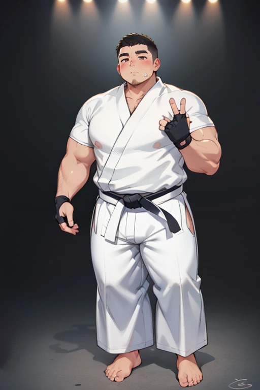 ((1boy_only, solo, front-view, chibi:0.35)), (chubby:1.2, stocky:1.2), ((white judo gi)), ((dougi)), barefoot, ((long pants)), (bara:1.4), (shota:0.35), buzz_cut, full body shot, ((cool, cute, awesome)), (fingerless gloves), (front_view), (chubby_face:0.8)