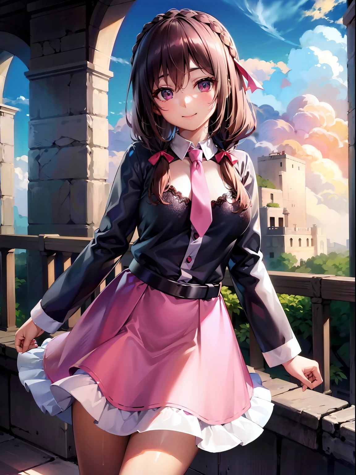 Ultra-detailed, hight resolution, one girls、Extremely detailed,Beautiful detailed girl,独奏、[8k picture:1.15],[Attractive eyes,A detailed eye、Colorful eyes、radiant eyes:1.25]、top-quality、 [3D images:1.15]、yunyun、1girl、独奏、Seen from the front、Yun Yun is cute no matter who you look at、Cute smile、neck tie、In the skirt、Braids、The long-haired、Pink tie、a belt、hair adornments、A dark-haired、Hair ribbons、Crown braid、long-sleeve、Brown hair、Twin-tailed、kawaii