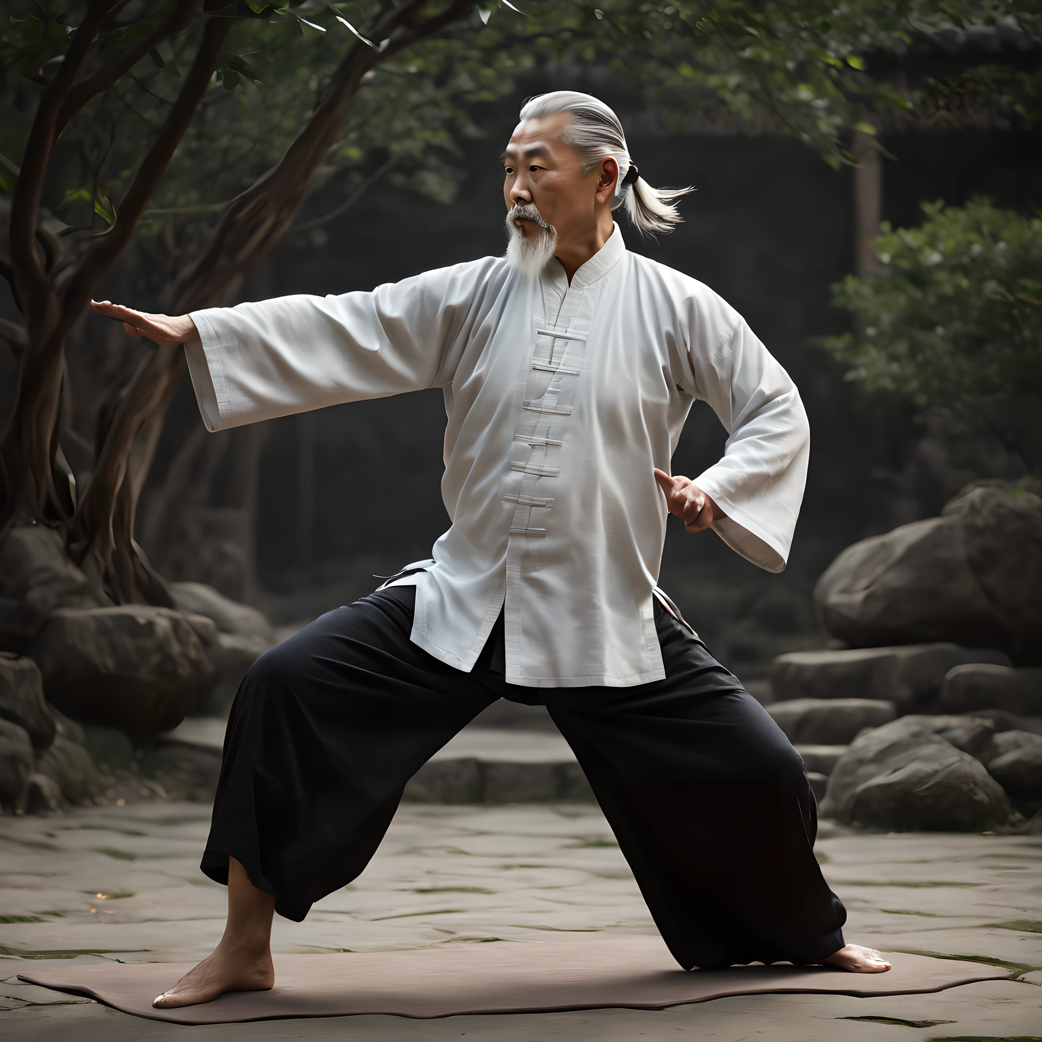 (ultra-detailed,realistic:1.37),(best quality,4k,8k,highres,masterpiece:1.2),Chinese martial arts,Tai Chi diagram,yin and yang,Tai Chi Chuan,old man with white hair,correct anatomy,solo,traditional setting,flowing movements,balance and harmony,subtle gradients,shadow and light play,precise brushwork,serene atmosphere,ageless wisdom,mysterious aura,vibrant color palette,master-level skill,deep concentration,inner strength,controlled breathing,graceful postures,expressive eyes,focus and mindfulness,determination and discipline,gentle breeze,quiet surroundings,peaceful rhythm,tranquil garden,meditative state,ancient martial art lineage,timeless philosophy,quiet contemplation,dynamic balance of energies,unity of body and mind,inner peace and harmony,spiritual connection,immortal legend.