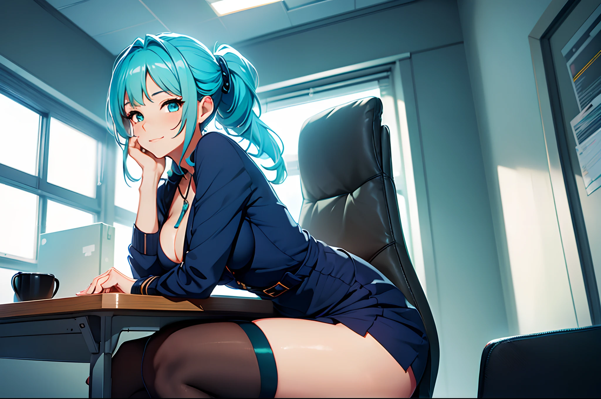 (masterpiece), best quality, (Highly Detailed CG Unity 8k wallpaper), Detailed background, (Hands by Guido Daniele: 0.5), First person perspective, 1, Beautiful human girl who is attractive and perfect, ager,  (long turquoise hair), (royal ponytail hair: 1.12),(turquoise eyes: 1.13), (curvaceous), slender legs, BREAK
 ((wearing navy blue office dress)),  (UGG boots), (black tights), ((cleavage)), BREAK
 Look at the viewer, low side view angle, (sitting with legs crossed), sitting on office desk, sexy, hot, beautiful face, (Blush: 0.90), (Smile: 1.11)expressive eyes, perfect face, aqua hair, large breasts, SFW,