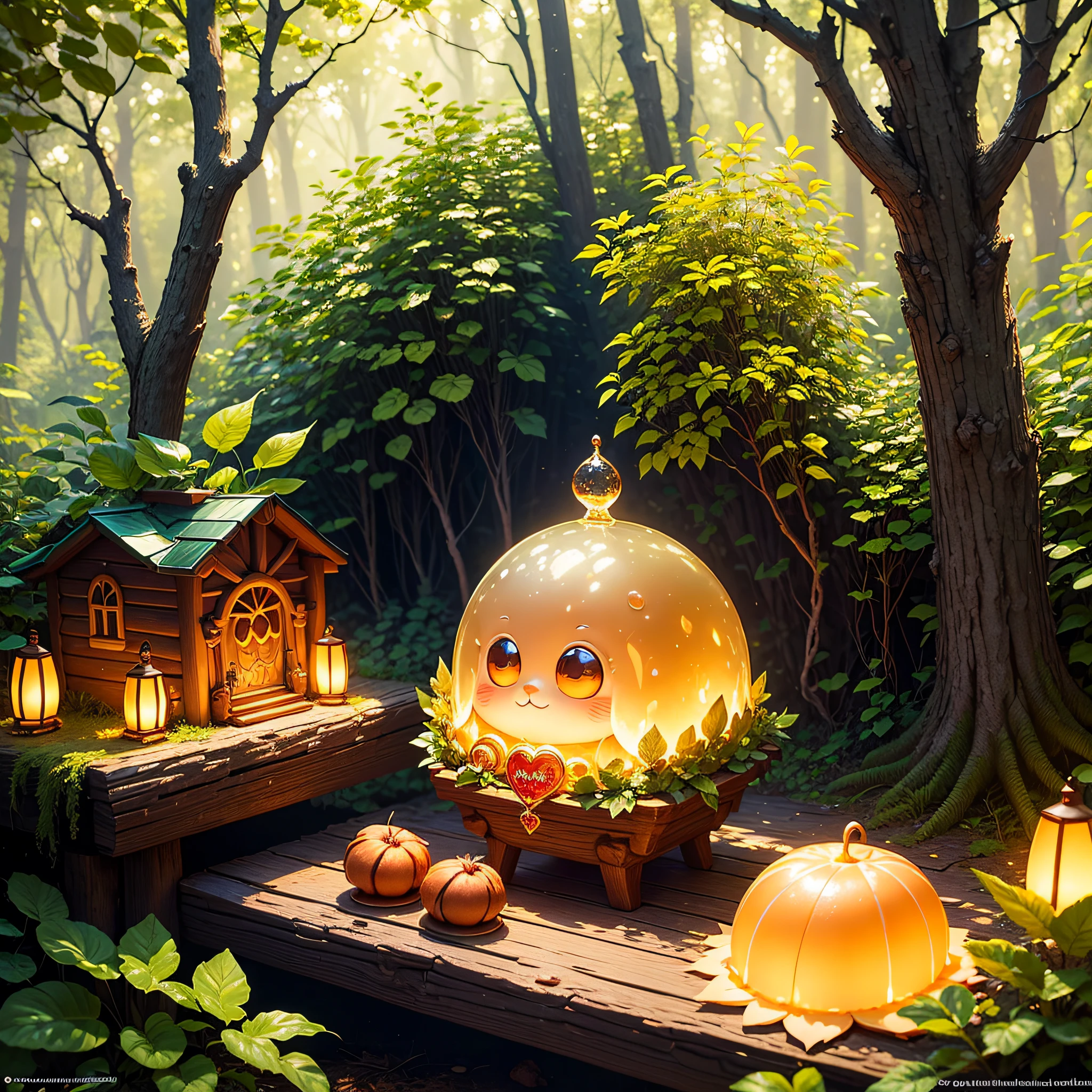 In the heart of a whimsical, sun-kissed forest, a yummy sweet treasure glistens like a dream brought to life in true Thomas Kinkade fashion. It's as if the very woods themselves have conspired to create a scene of unparalleled enchantment, where the treasure's allure is irresistibly alluring, promising an adventure beyond imagination, octane render