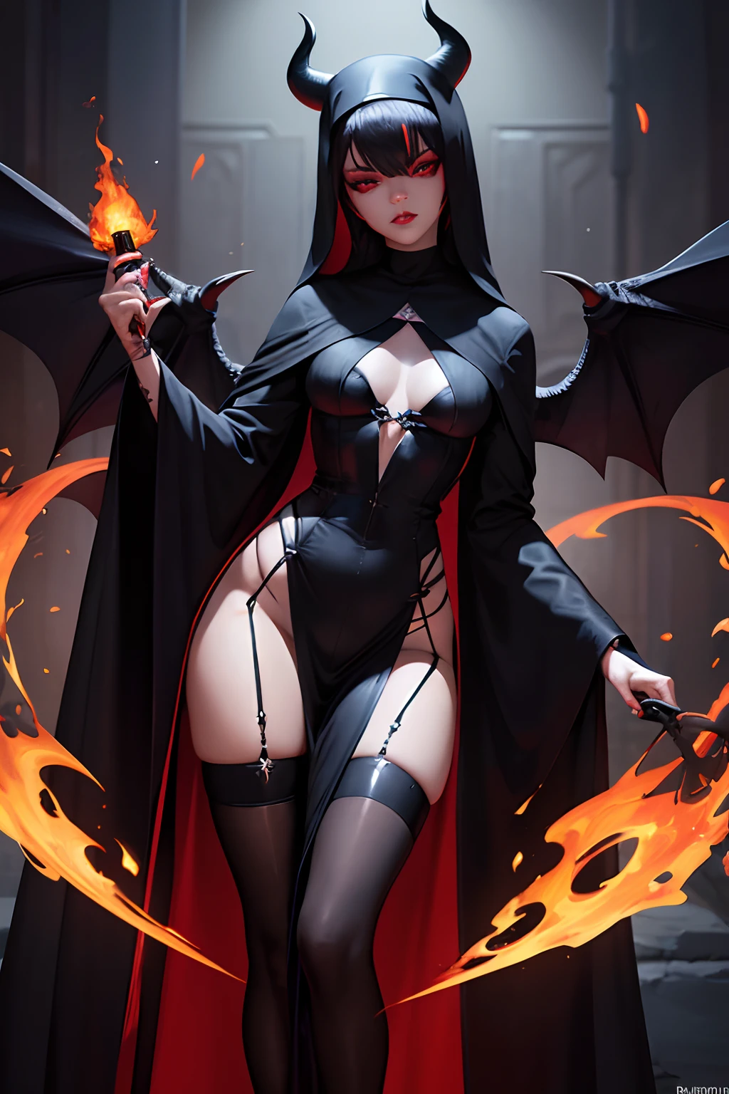 Rihanna as an evil nun,en robe de nonne sexy, Two black demon horns on his head, Black and Red Demon Wings, elle prie a genou sur un parterre avec un pentagramme satanique en feu, diabolique, insidieux, Dark and Sinister Satanic Church.