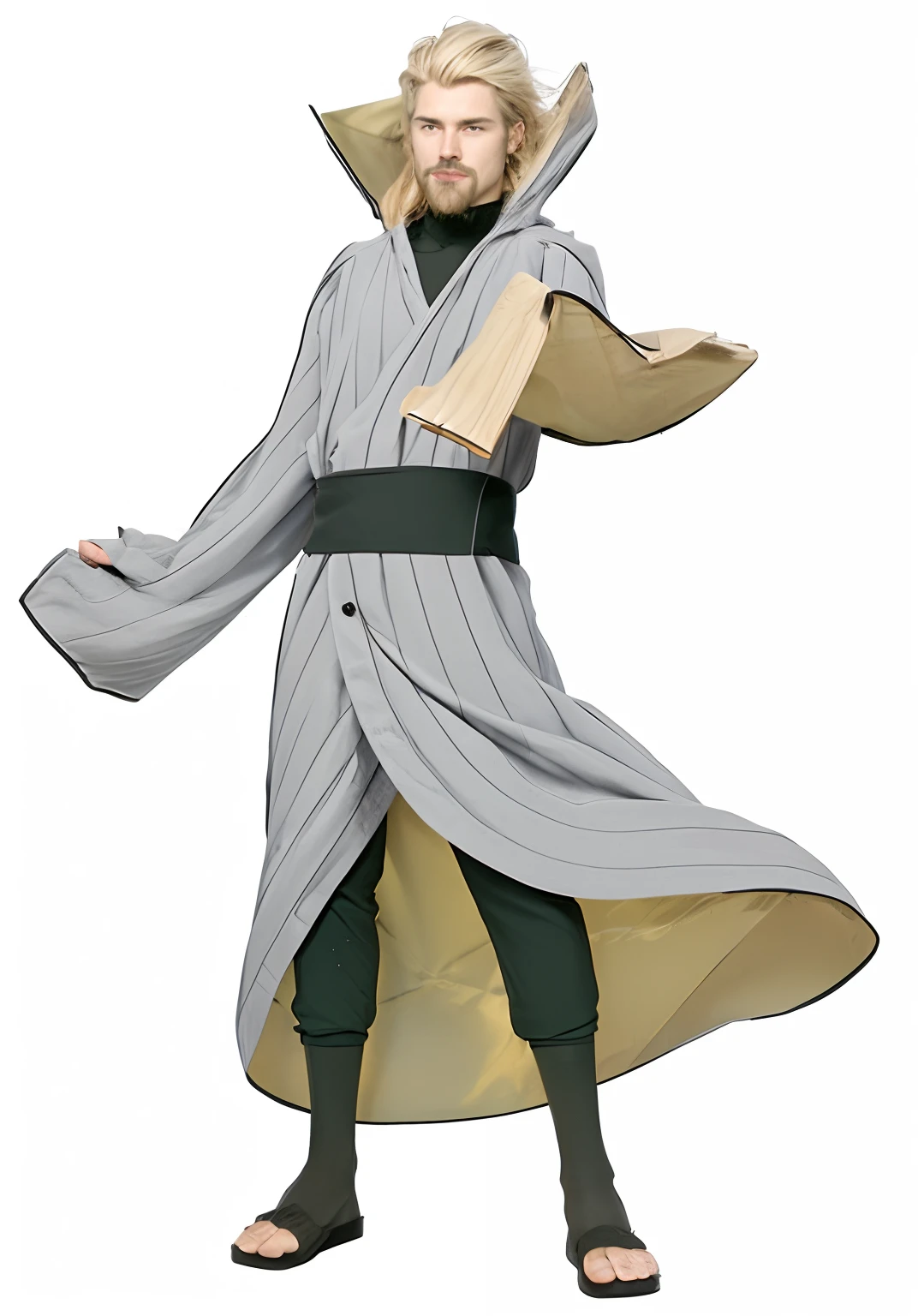a guy His face was accentuated by his relatively long, blond hair, which was worn in a combed-back style, He had a triangular goatee, a thin mustache , and very prominent lines at the sides of his mouth , in gray robe