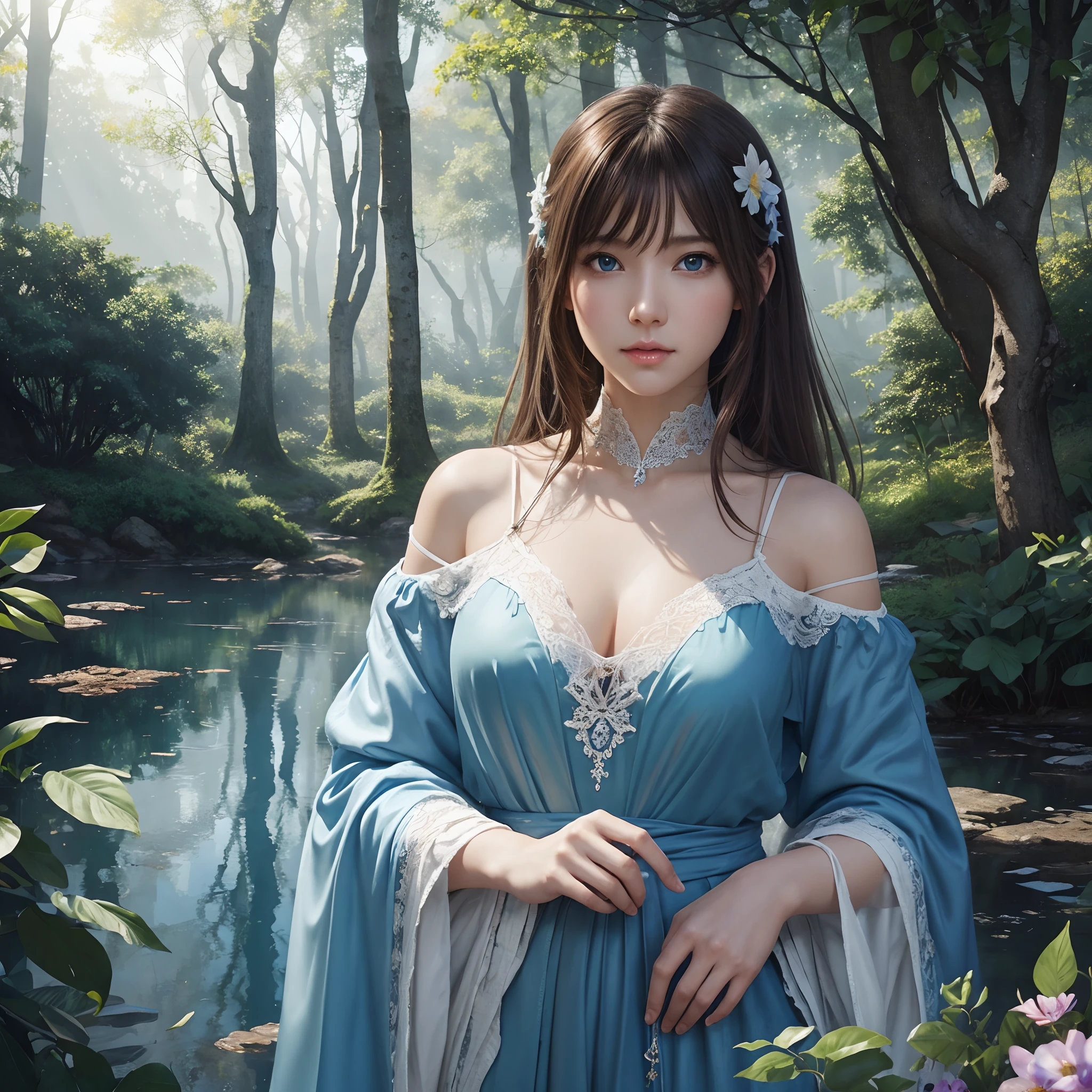 hightquality、8K Ultra HD、fullllbody、-yeld wo、robe blanche、light brown hair、Blue eyes、(In the background is a lovely healing forest and a waterside)、cute little、Beautiful fece、portlate、Antique architecture、Flowers and butterflies、art by:Alberto Seveso、Symmetrical、Abstract art style、Complex and intricate watercolor painting 、digitial painting、concept-art、Volumetric lighting、TanvirTamim、metal reflective、2d render、8K。 by artgerm、Trending on ArtStation