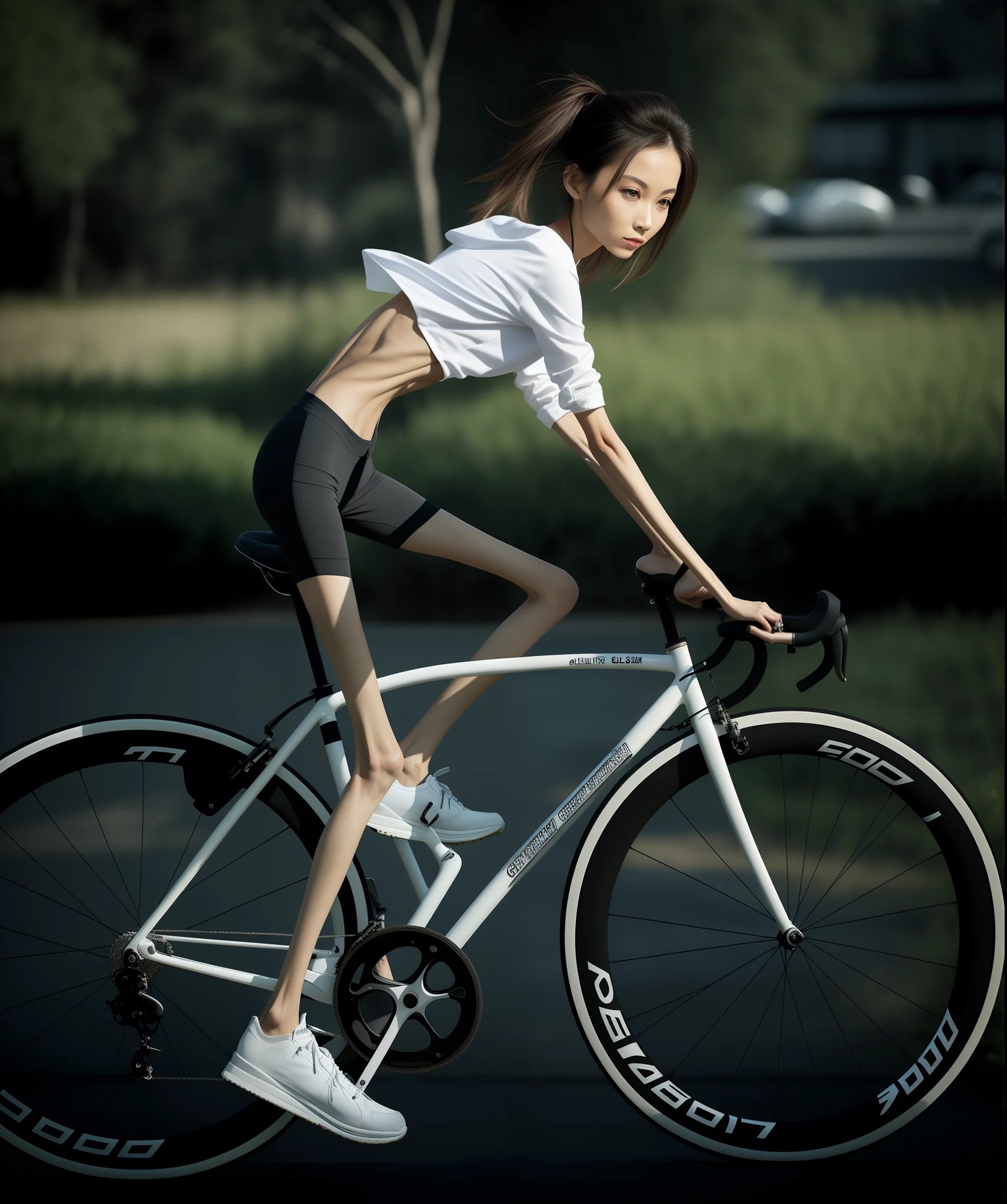 Thin woman,Skinny back,the ribs,pelvic bone,skinny pants,delicate leg,Slim waist,Riding a bicycle